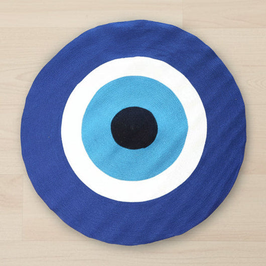 Cotton Rope Evil Eye Rug – Round Woven Boho Floor Mat (150cm, India)