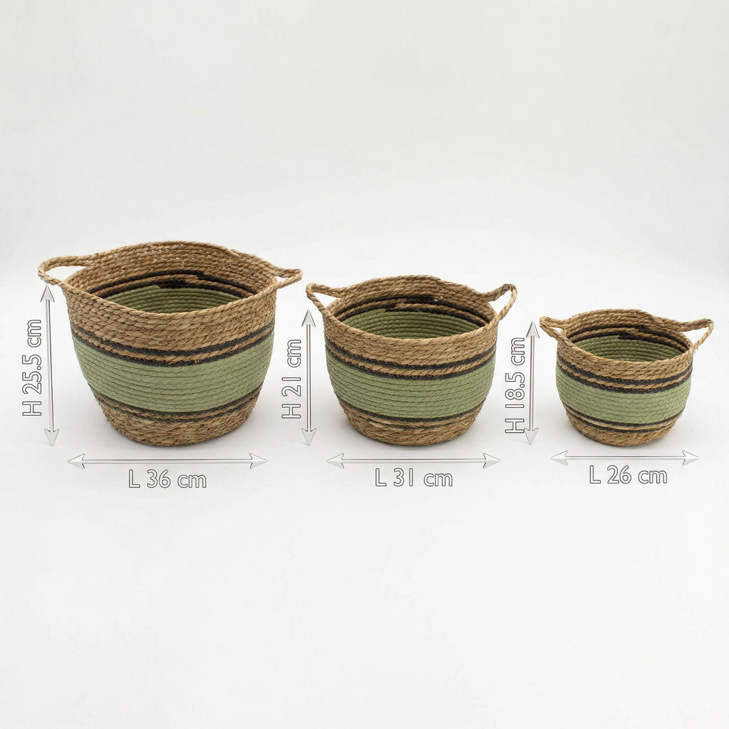 Set of 3 Large Cotton & Seagrass Baskets – Natural, Black & Green – Woven Storage Baskets (26-36cm)