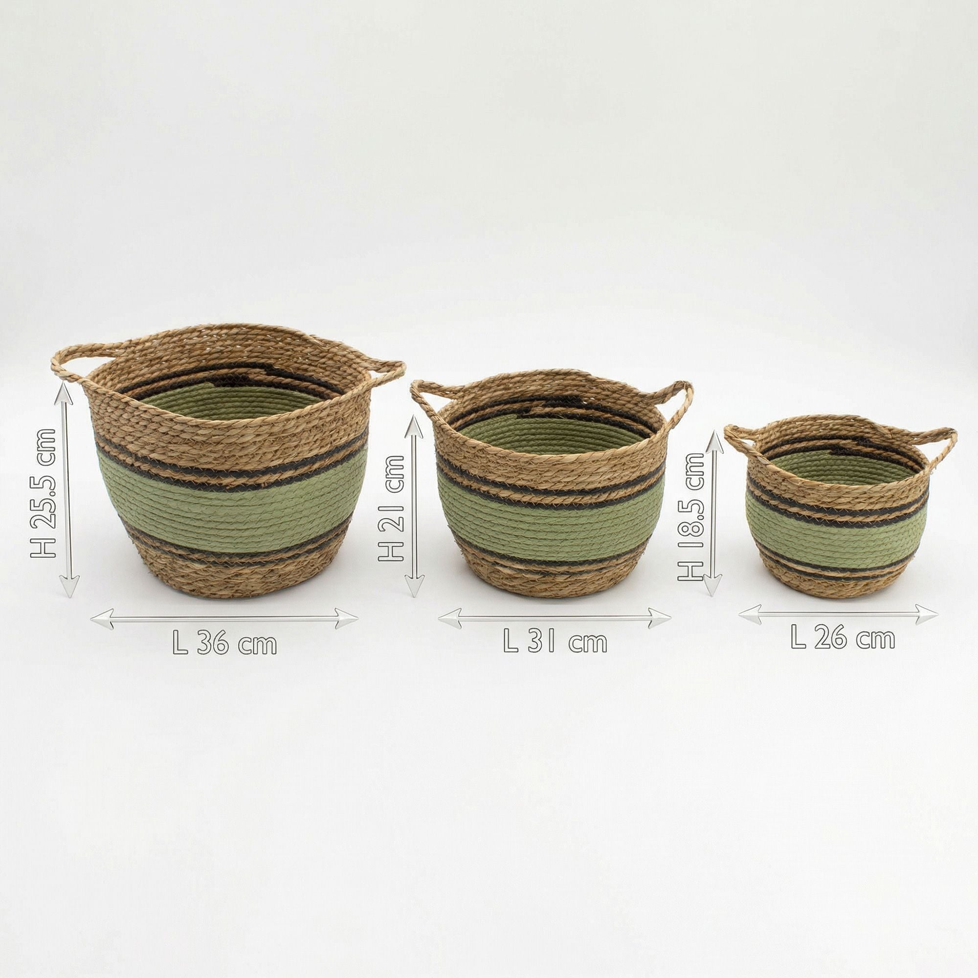 Set of 3 Large Cotton & Seagrass Baskets – Natural, Black & Green – Woven Storage Baskets (26-36cm)