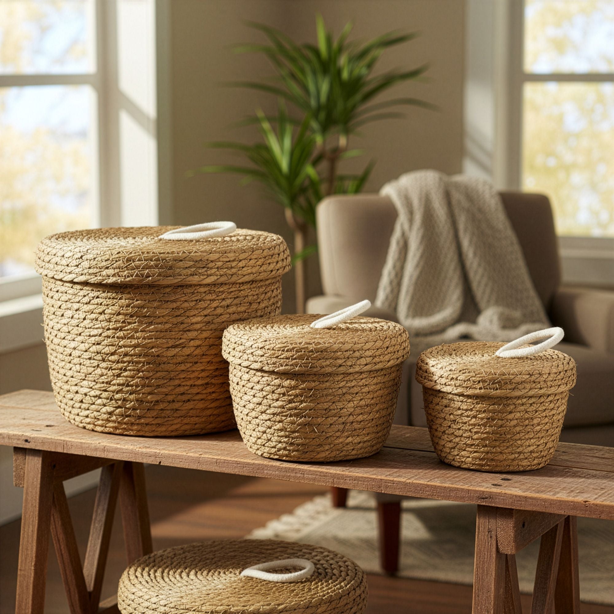Set of 3 Round Seagrass & Cotton Baskets with Lids – Natural Woven Storage Baskets (21-29cm)