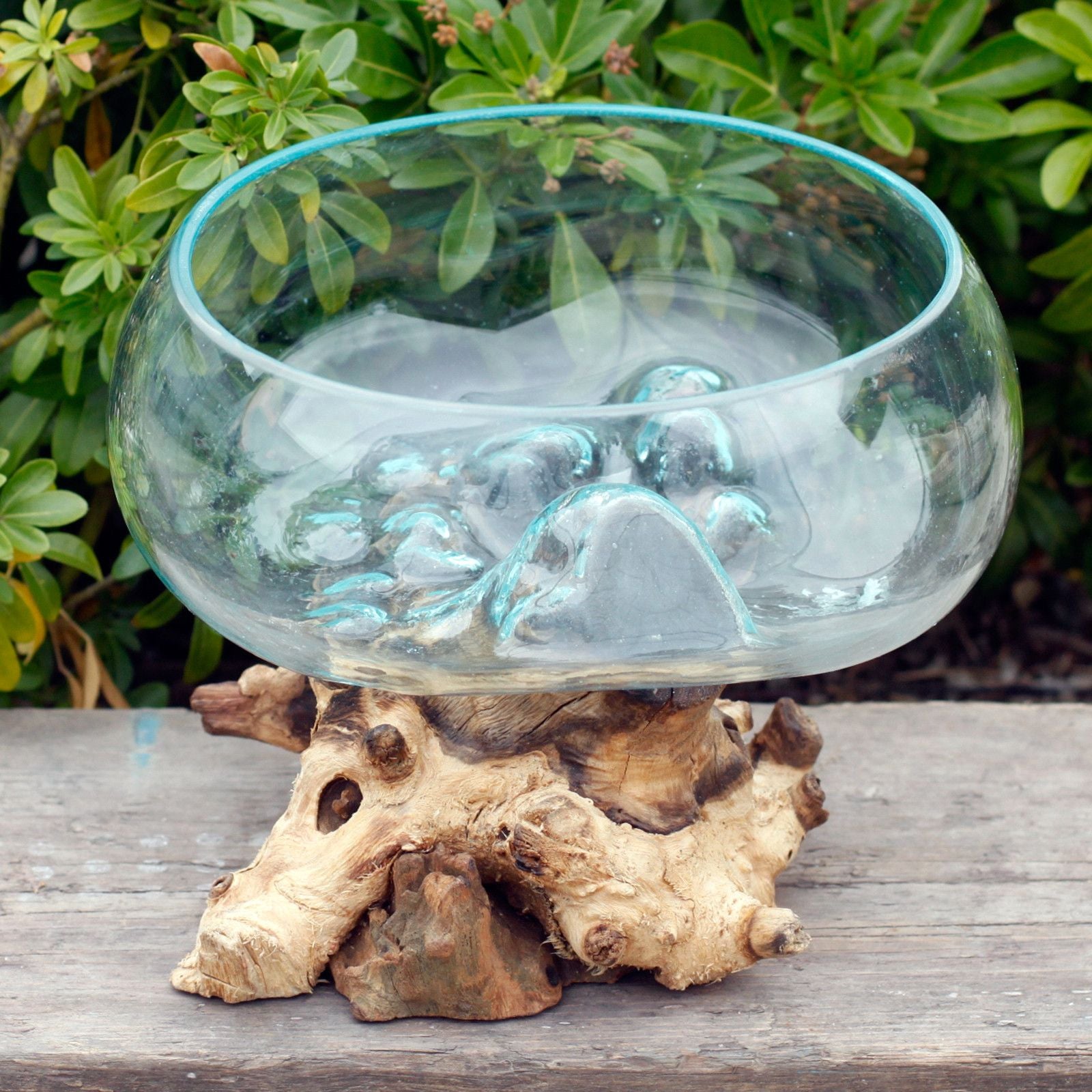 Handmade Molten Glass Bowl on Natural Wood – Unique Home Decor UK