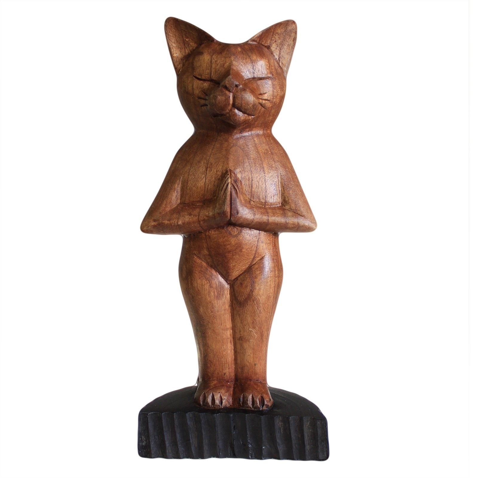 Handcarved Suar Wood Yoga Cat Figurine 31cm – Standing Pose – Handmade Indonesian Wooden Ornament