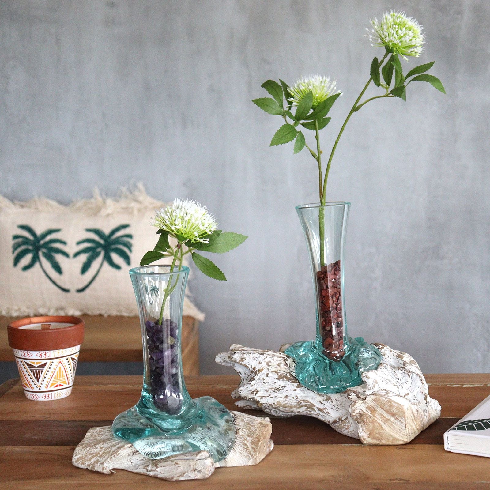 Handmade Molten Glass Vase on Natural Wood – Unique Home Decor UK