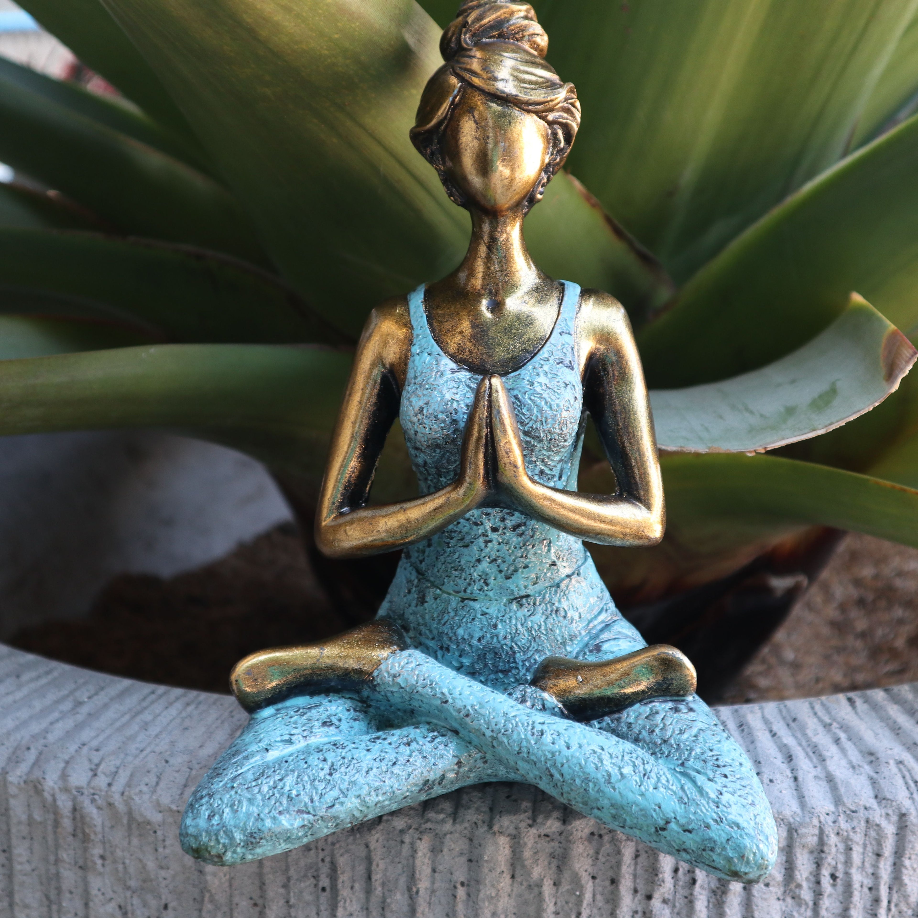 Yoga Lady Figurine 24cm – Bronze & Turqoise Yoga Pose – Handmade Decorative Resin Ornament