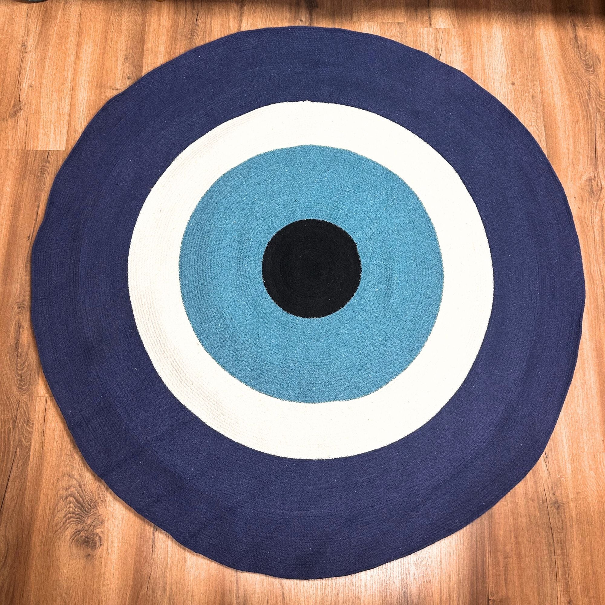 Cotton Rope Evil Eye Rug – Round Woven Boho Floor Mat (150cm, India)