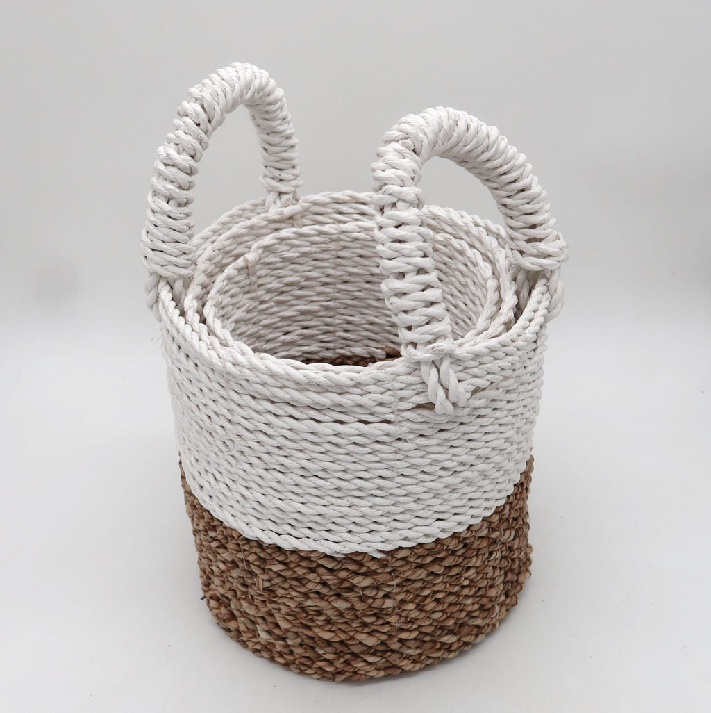 Set of 3 Round Seagrass Baskets – Natural & White – Woven Storage Baskets