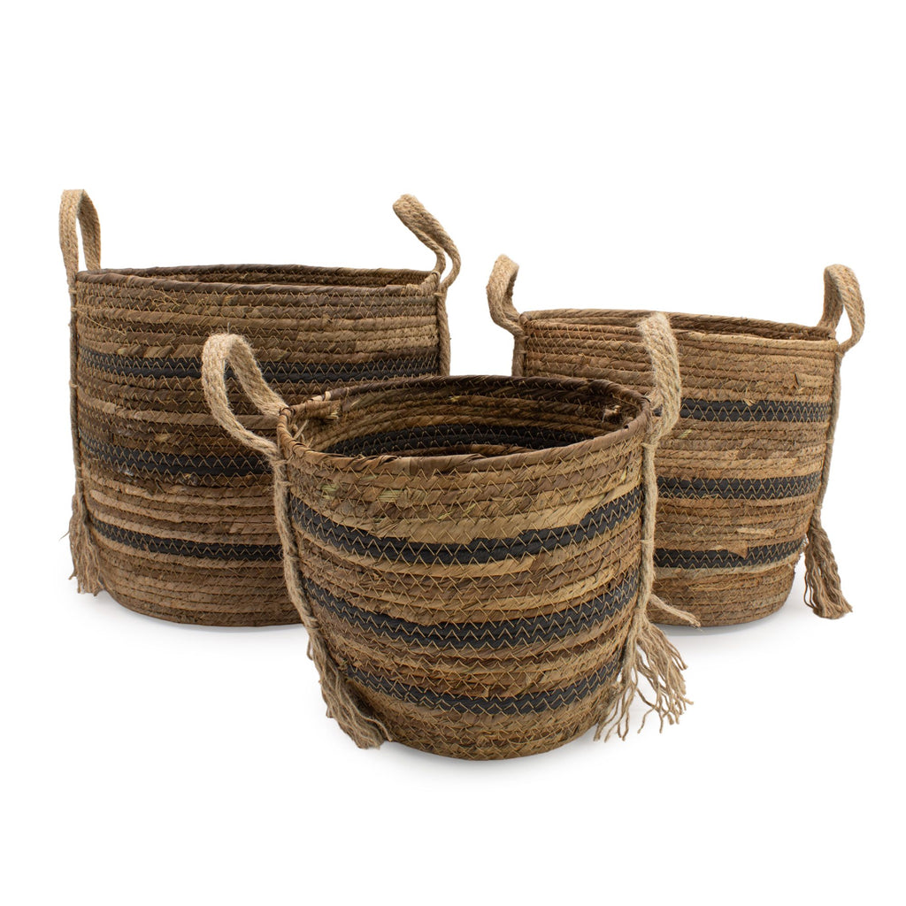 Set of 3 Large Banana Leaf & Seagrass Baskets – Natural Browns – Woven Storage Baskets (24-33cm)