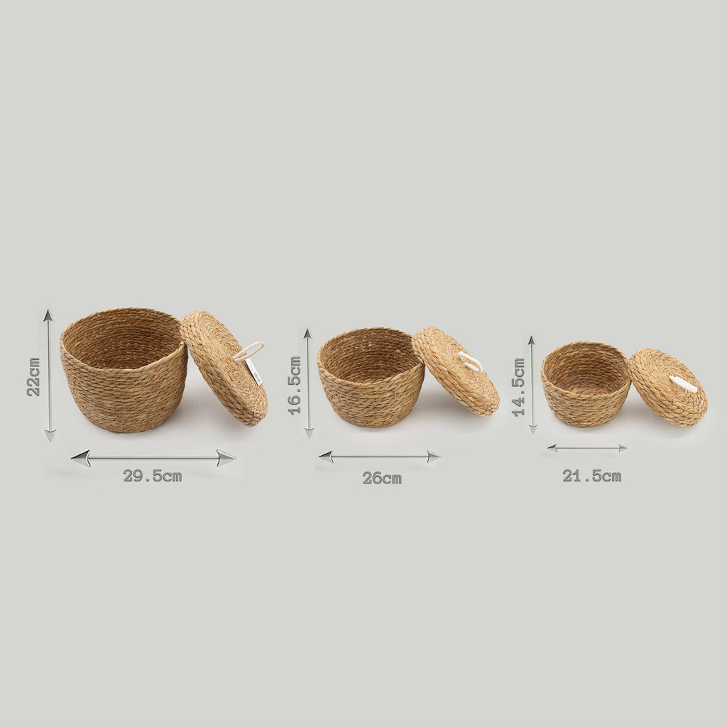 Set of 3 Round Seagrass & Cotton Baskets with Lids – Natural Woven Storage Baskets (21-29cm)