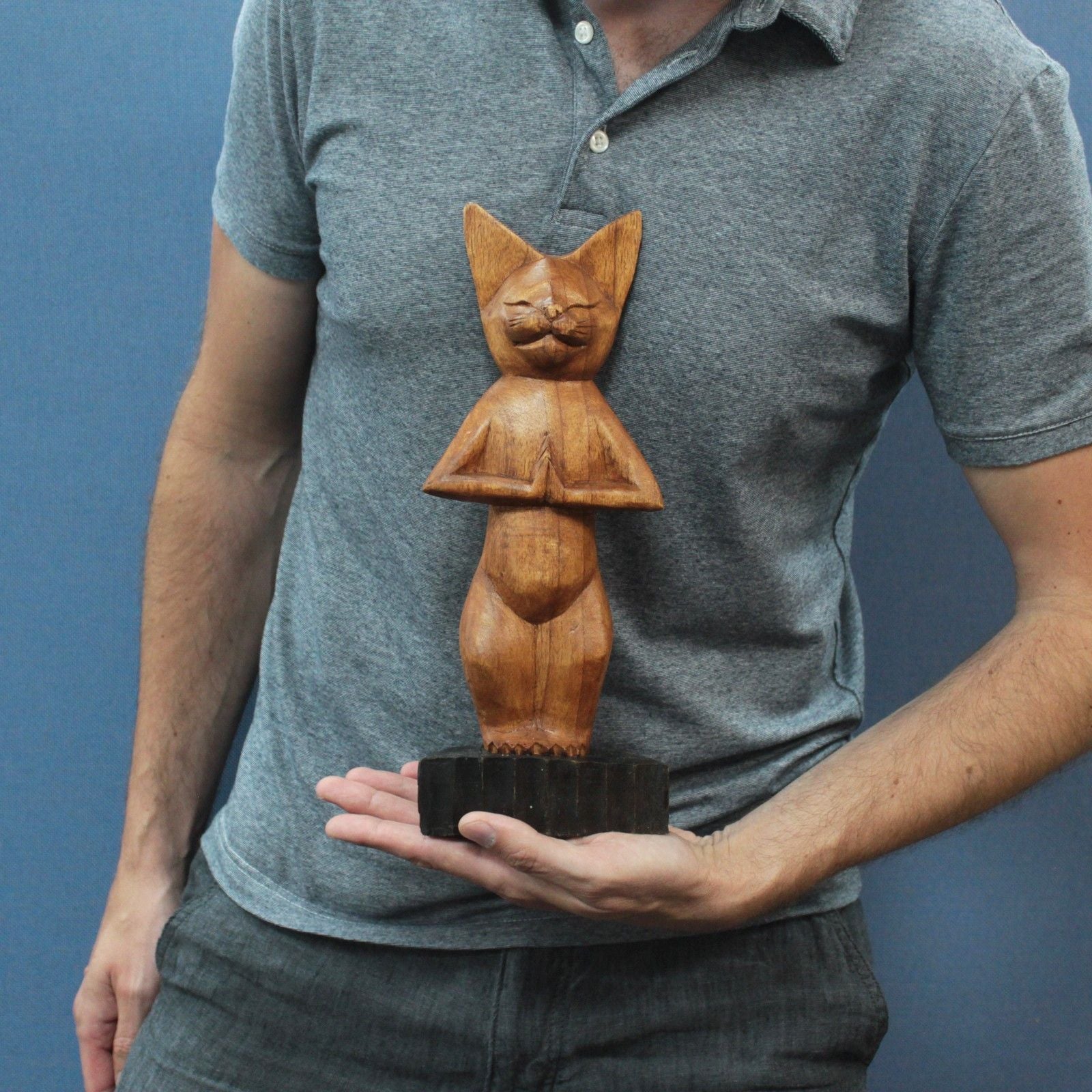 Handcarved Suar Wood Yoga Cat Figurine 31cm – Standing Pose – Handmade Indonesian Wooden Ornament