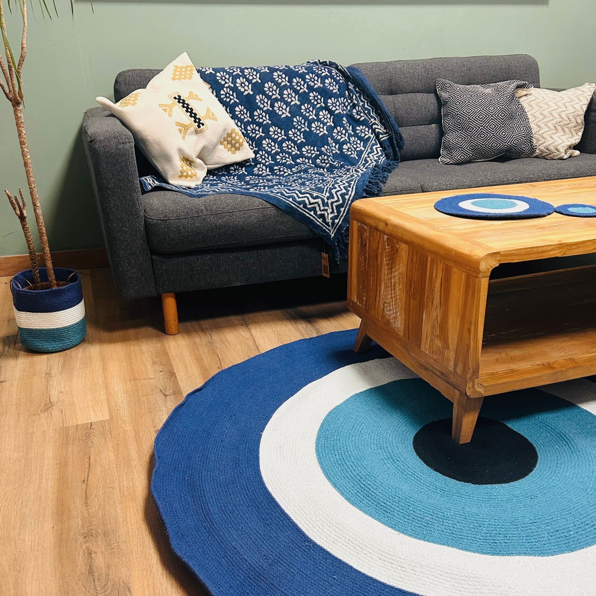 Cotton Rope Evil Eye Rug – Round Woven Boho Floor Mat (150cm, India)