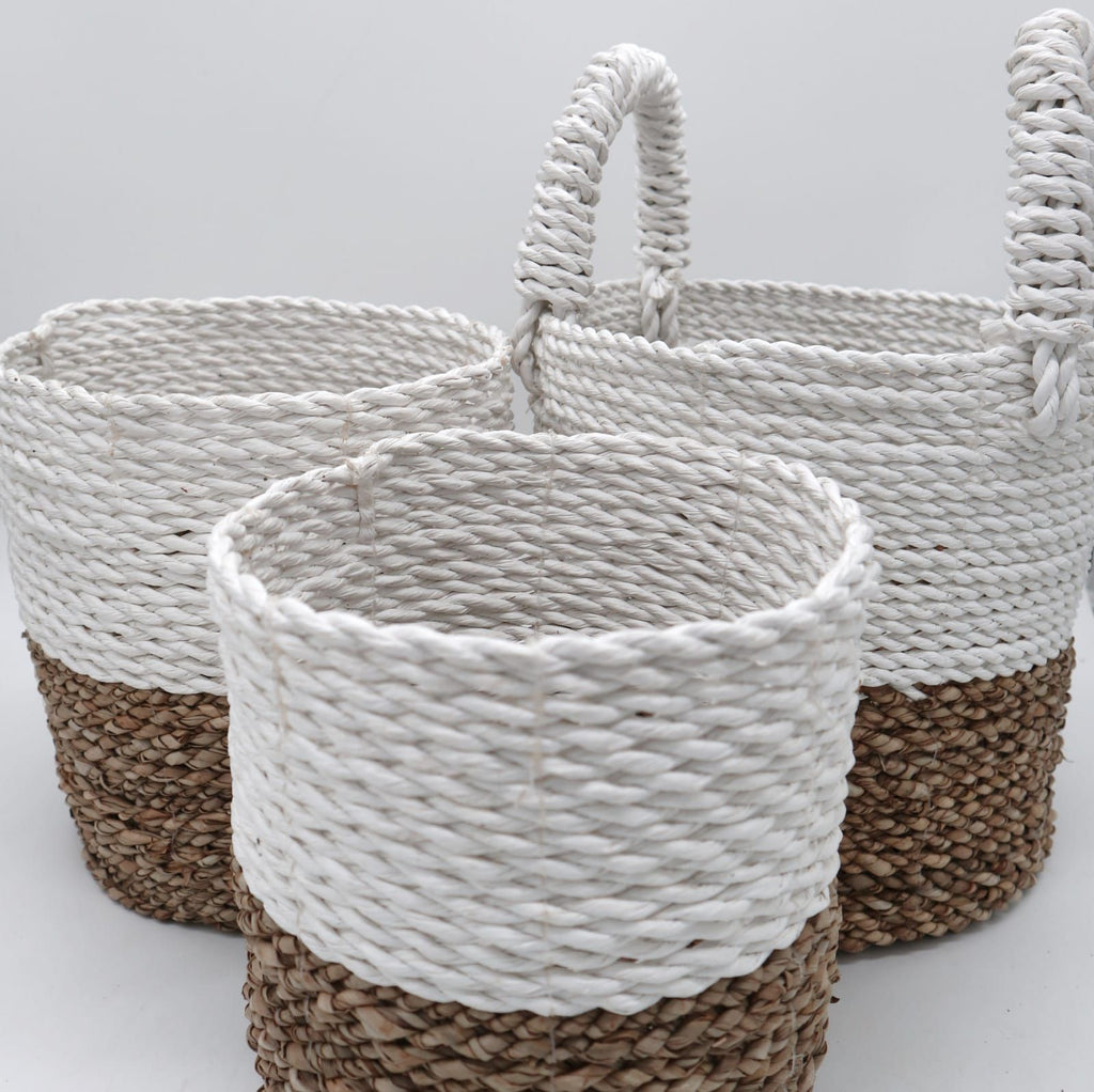 Set of 3 Round Seagrass Baskets – Natural & White – Woven Storage Baskets