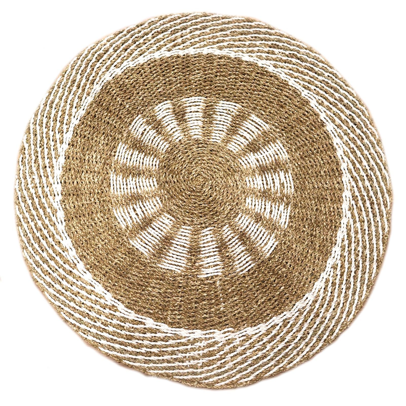 Round Seagrass Rug 100cm – White & Tan Inner Sun Design – Handmade Natural Jute Area Rug
