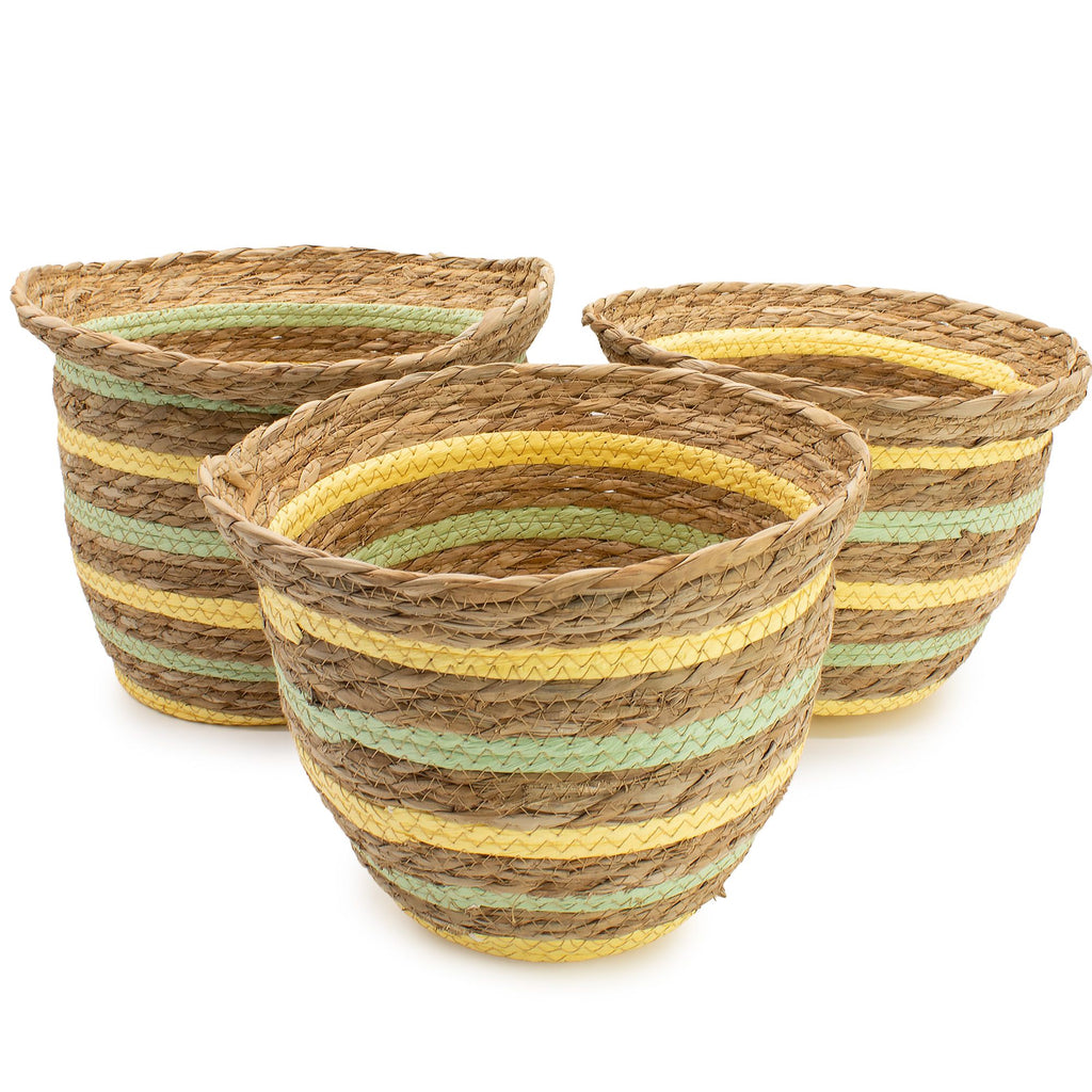 Set of 3 Vase Shaped Seagrass & Straw Baskets – Natural, Yellow & Green – Woven Storage Baskets