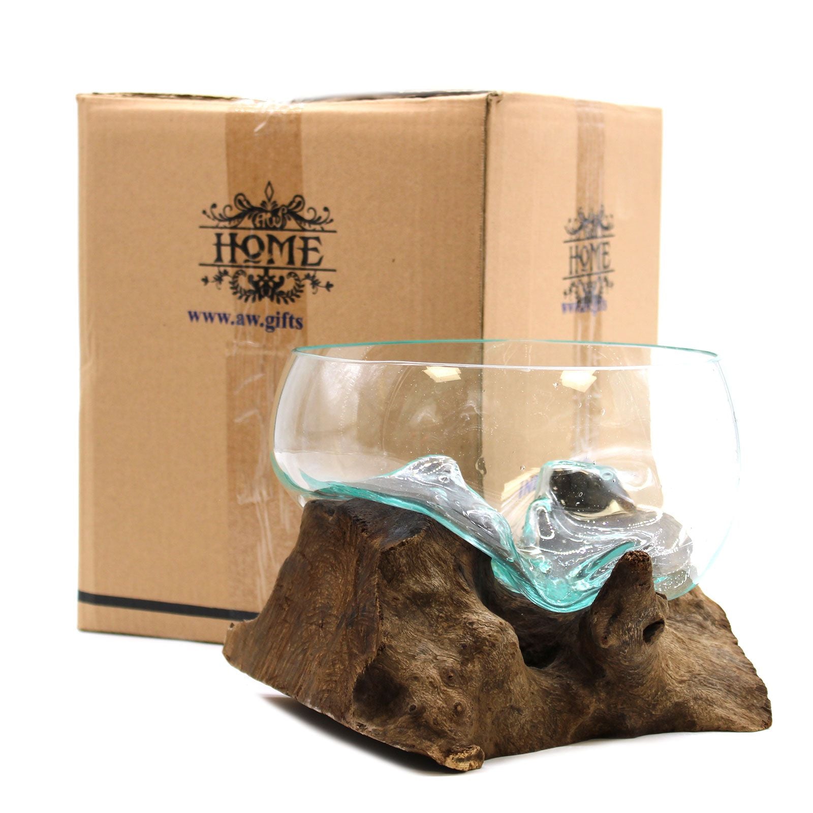 Handmade Molten Glass Bowl on Natural Wood – Unique Home Decor UK