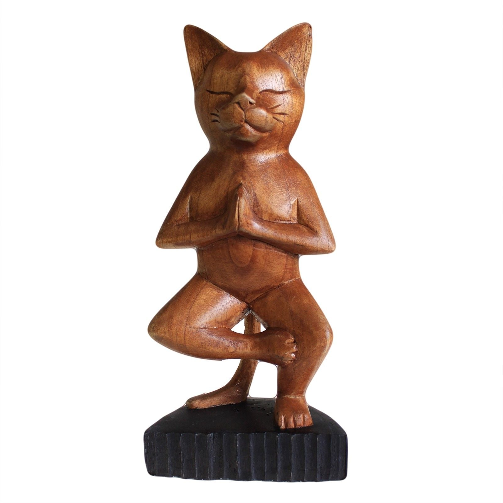 Handcarved Suar Wood Yoga Cat Figurine 31cm – One Leg Pose – Handmade Indonesian Wooden Ornament