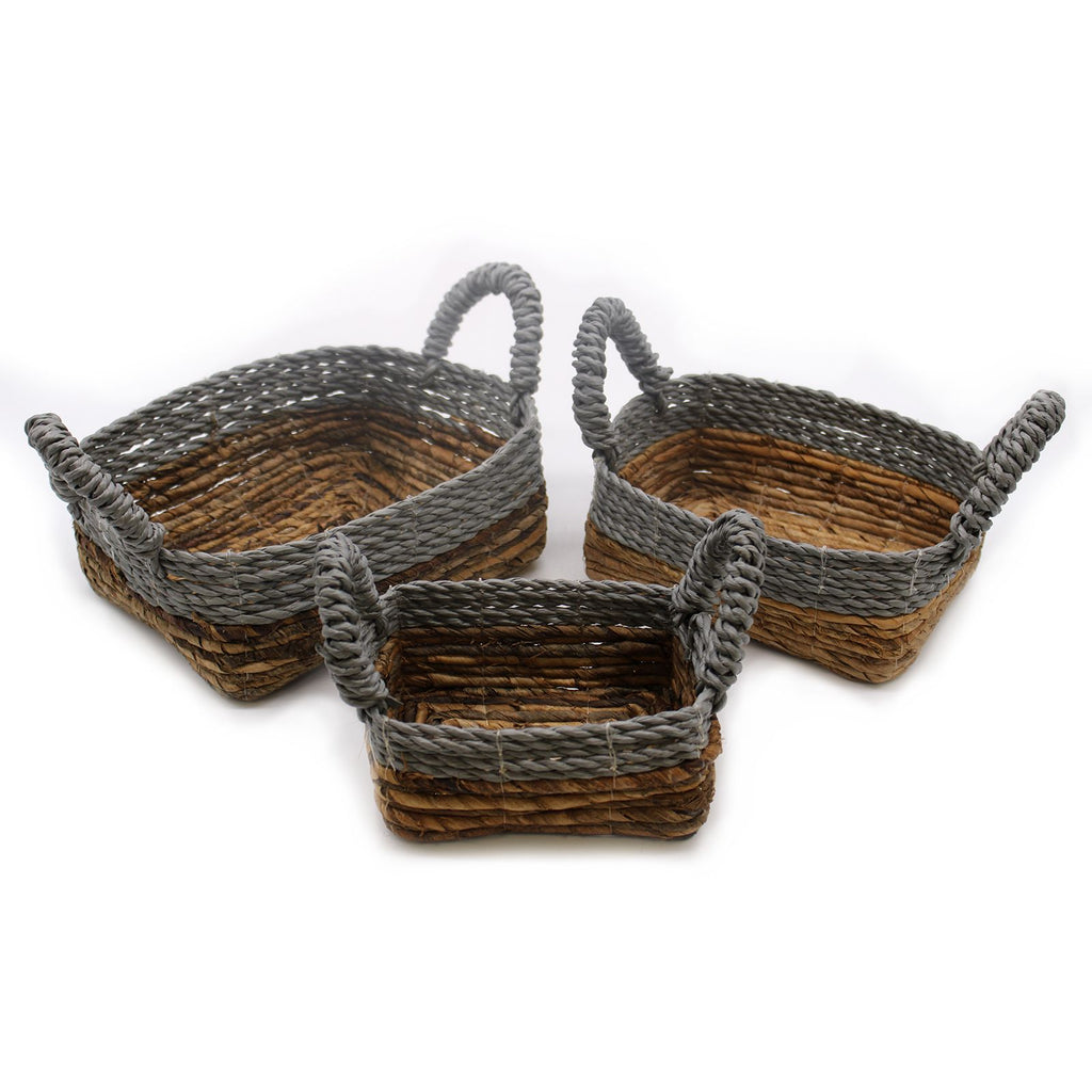Set of 3 Square Banana Leaf & Grey Raffia Baskets – Natural Woven Storage Baskets