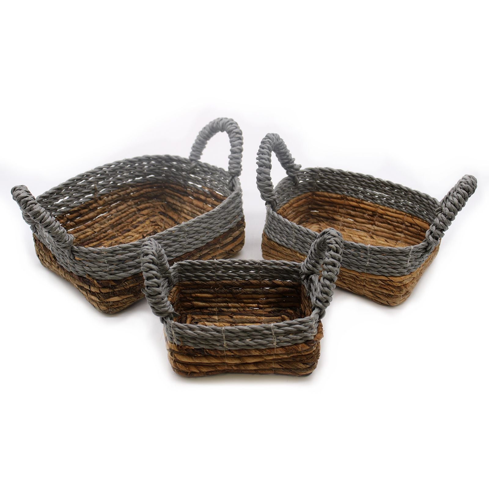 Set of 3 Square Banana Leaf & Grey Raffia Baskets – Natural Woven Storage Baskets