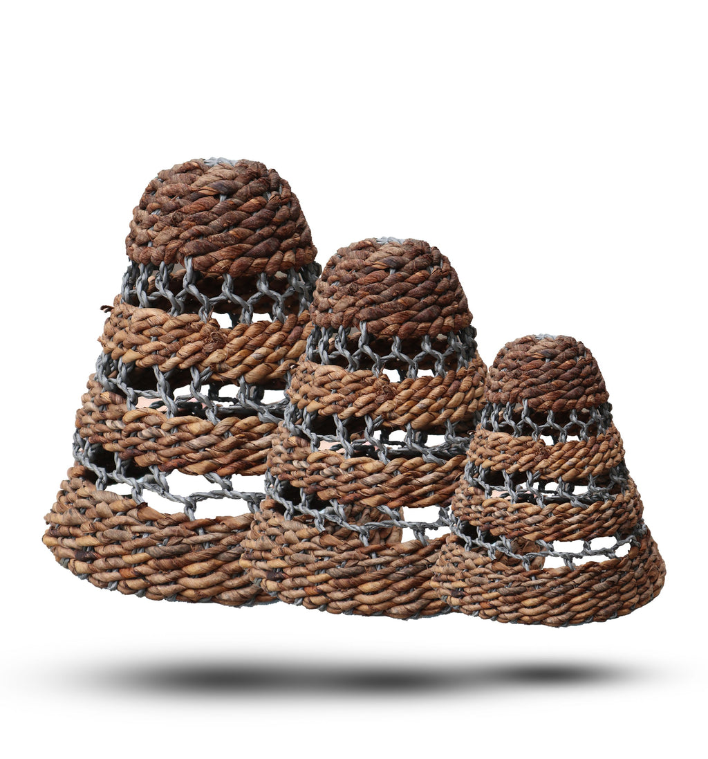 Set of 3 Natural Banana Leaf & Grey Raffia Lamp Shades – Woven Boho Light Covers (35-40cm)