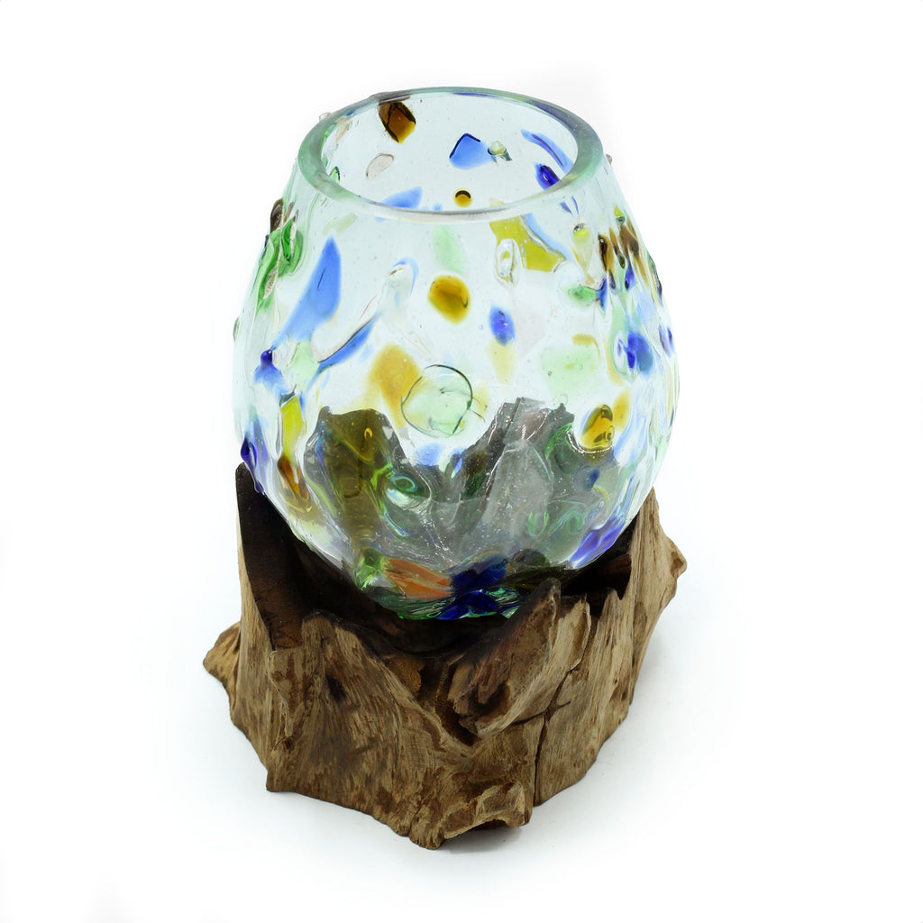 Handmade Molten Glass Bowl on Natural Wood – Unique Home Decor UK