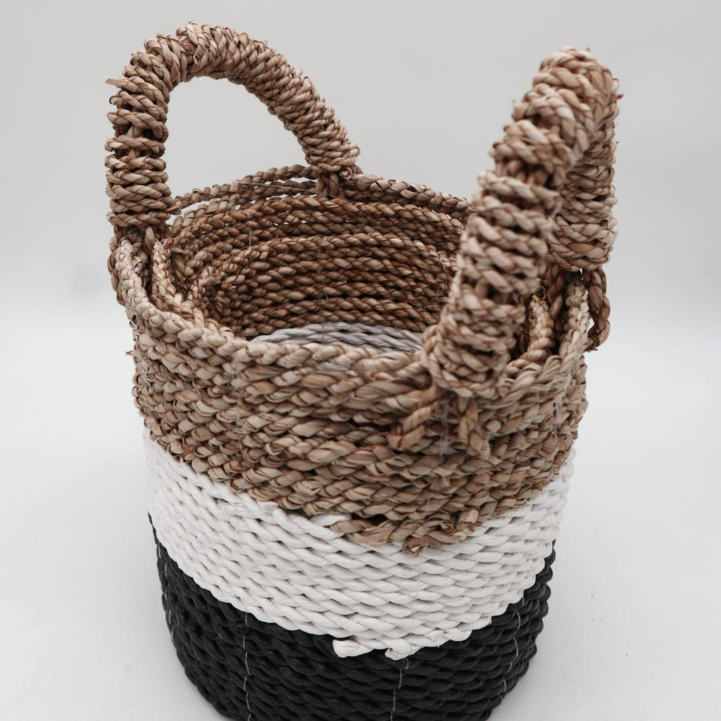 Set of 3 Round Seagrass Baskets – Dark Grey, White & Natural – Woven Storage Baskets