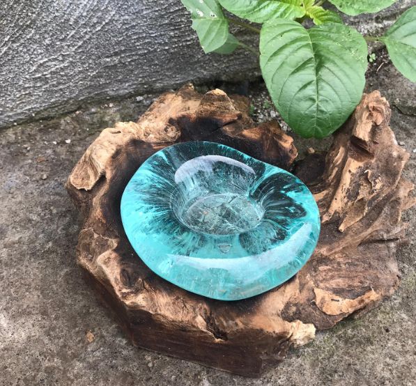 Handmade Molten Glass Candle Holder on Natural Wood – Unique Home Decor UK