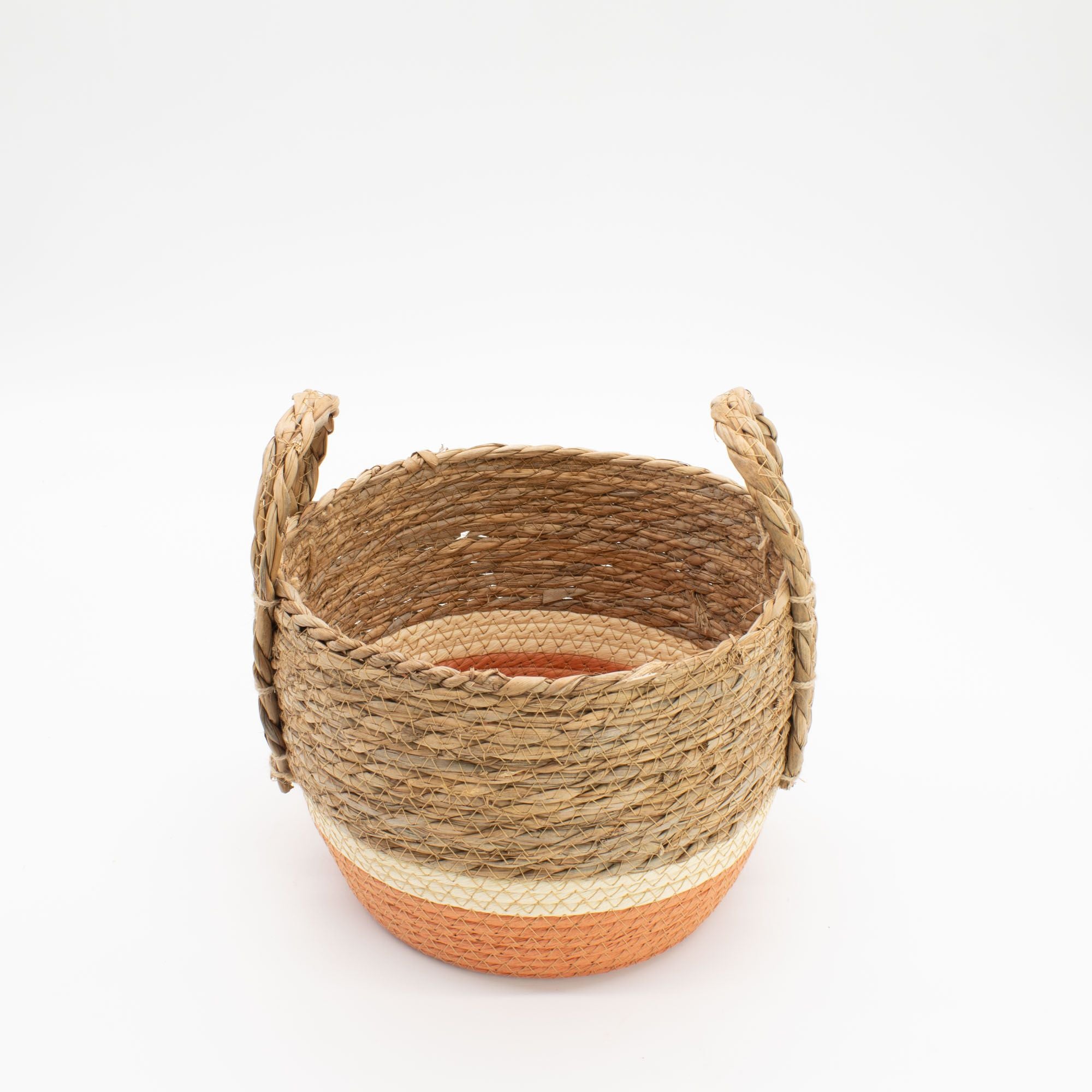 Set of 3 Round Large Straw & Seagrass Baskets – Natural & Orange – Woven Storage Baskets (18-36cm)
