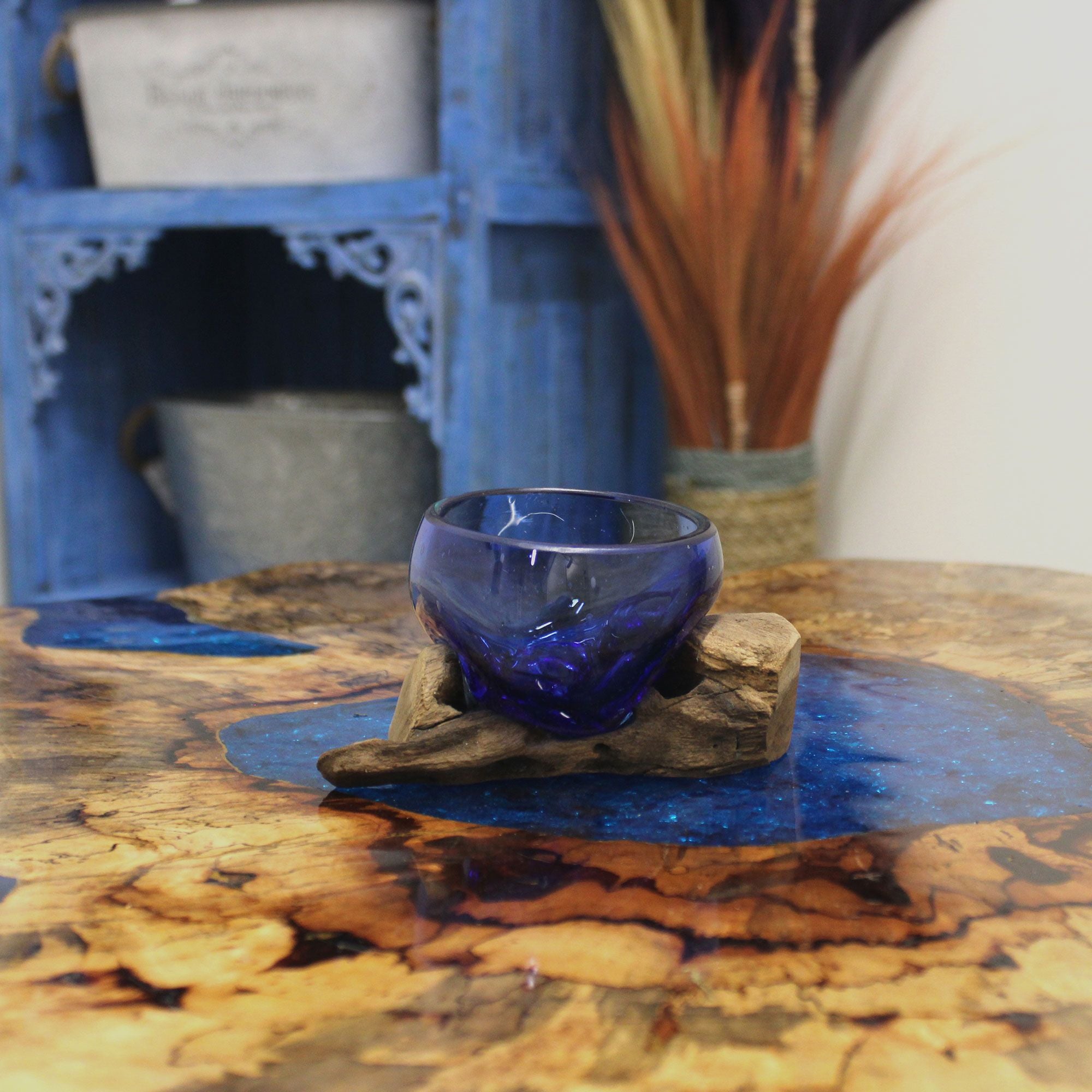 Handmade Molten Glass Bowl on Natural Wood – Unique Home Decor UK