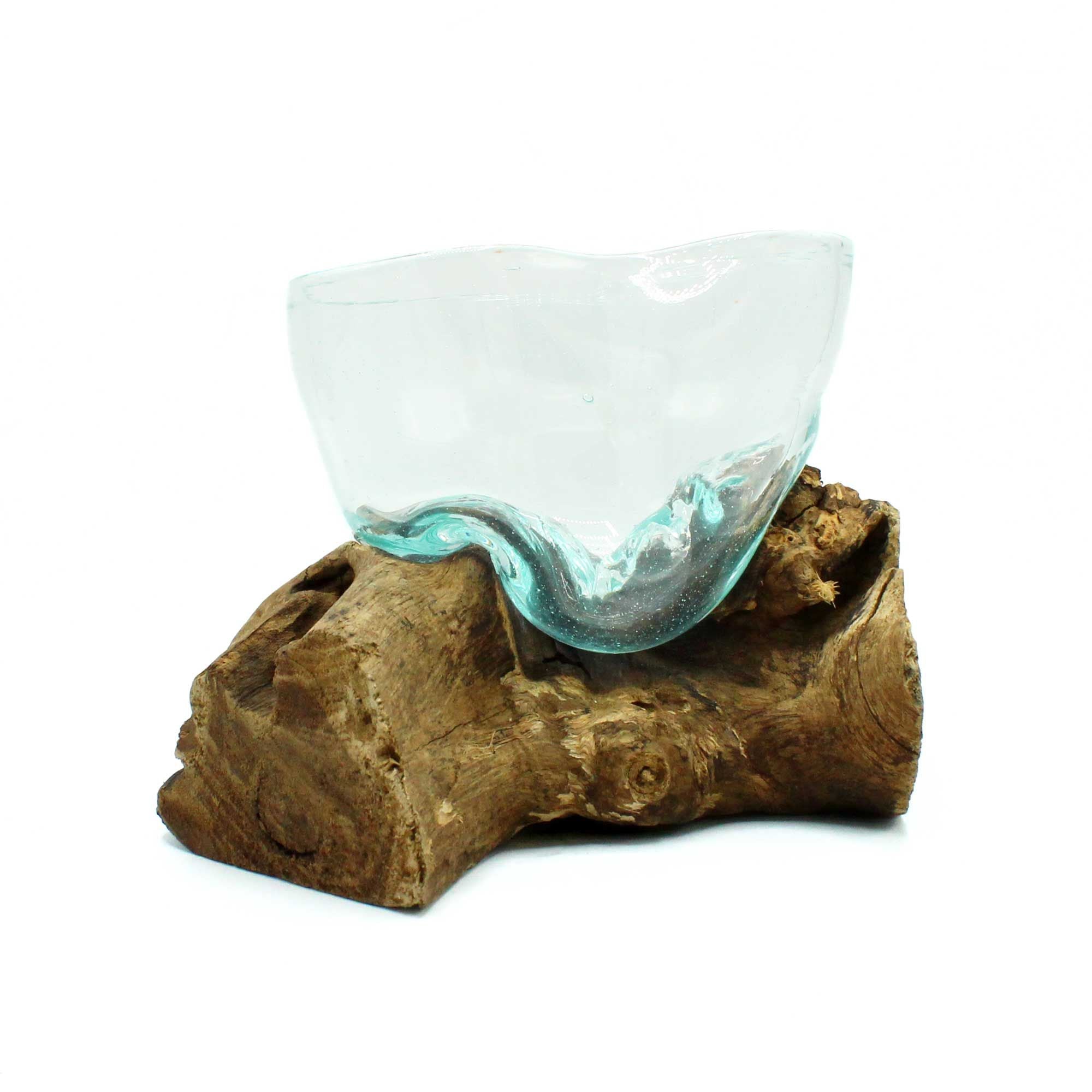 Handmade Molten Glass Bowl on Natural Wood – Unique Home Decor UK