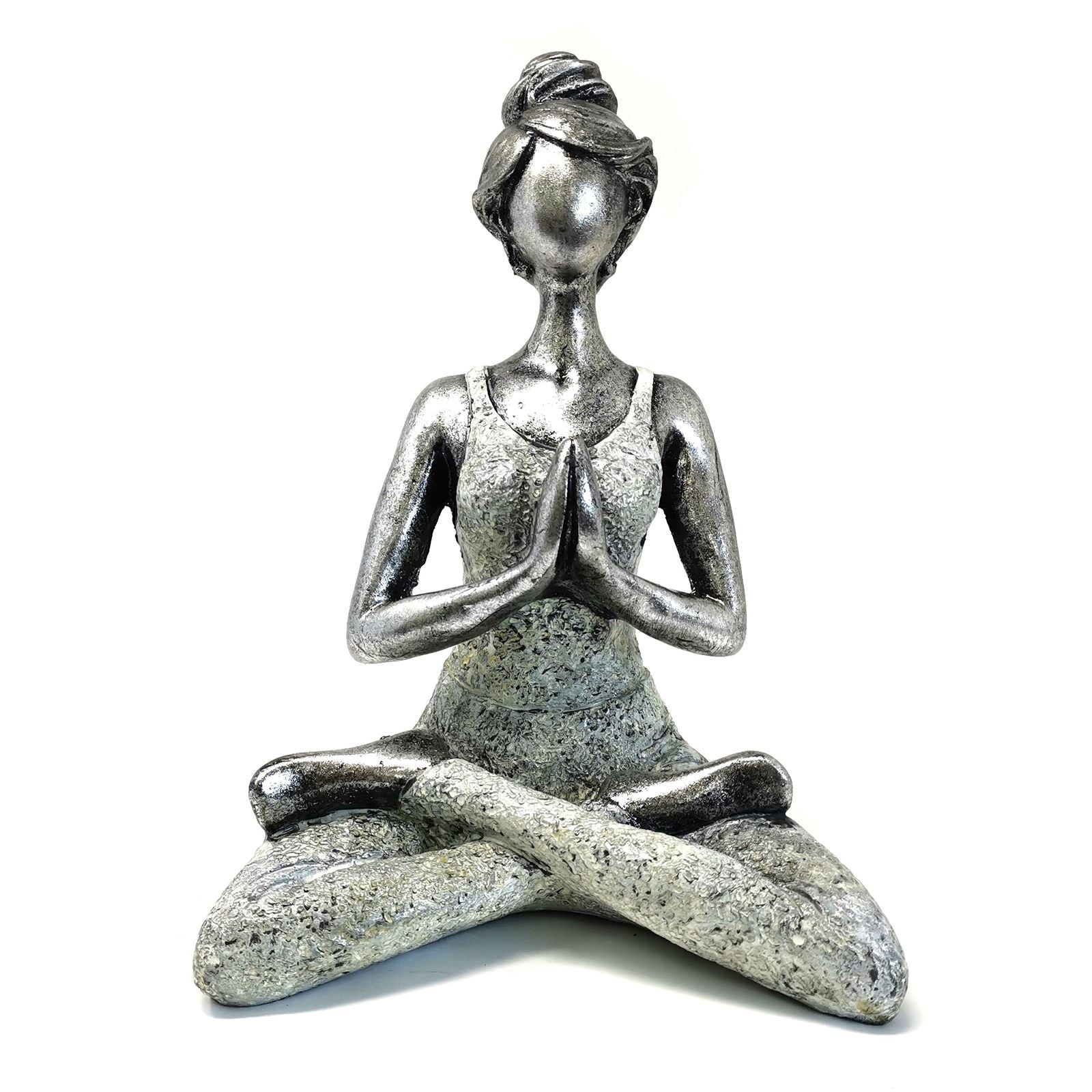 Yoga Lady Figurine 24cm – Silver & White Yoga Pose – Handmade Decorative Resin Ornament