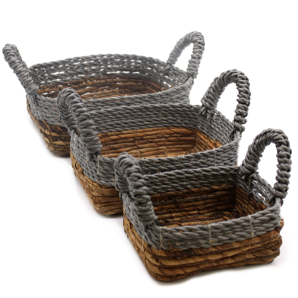 Set of 3 Square Banana Leaf & Grey Raffia Baskets – Natural Woven Storage Baskets