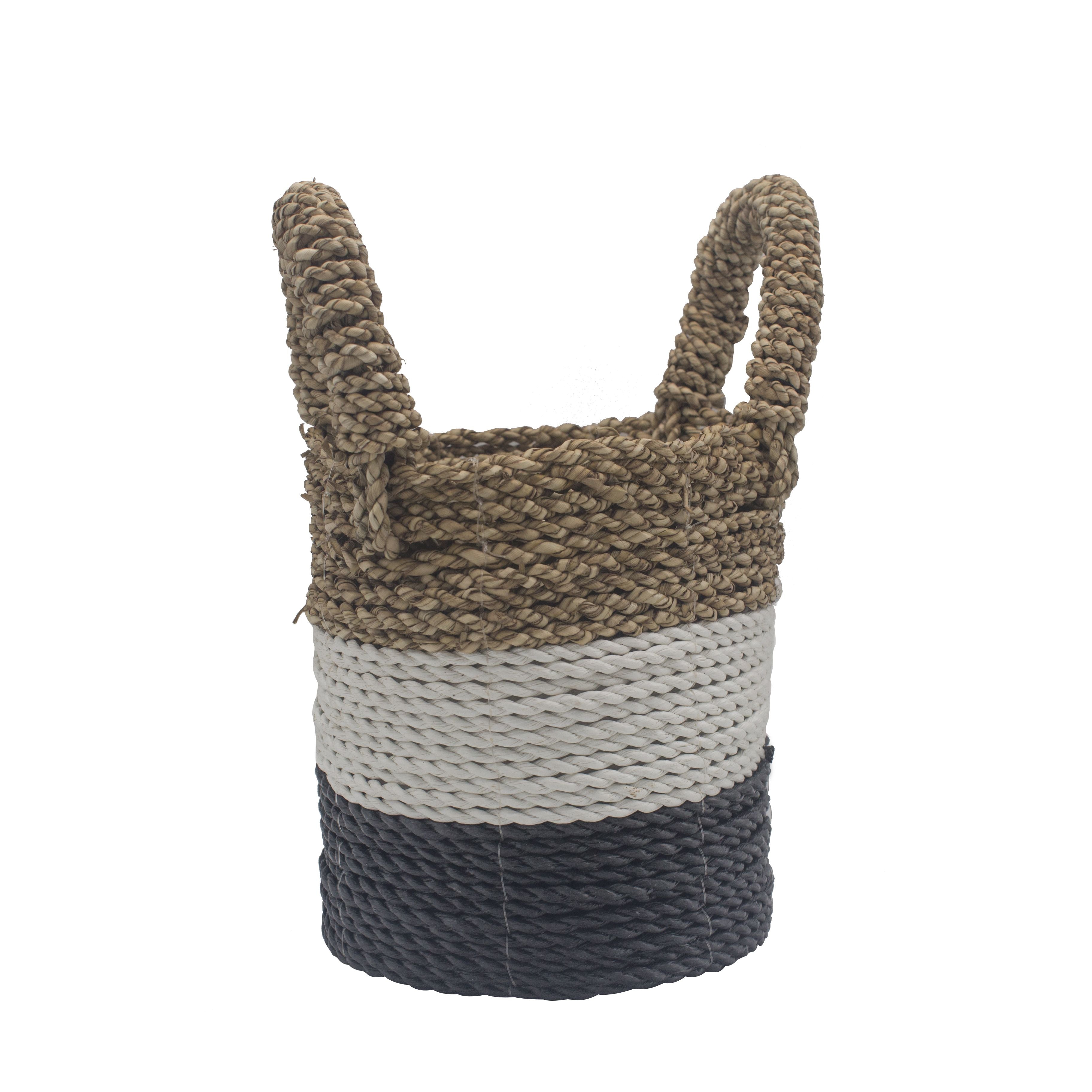 Set of 3 Round Seagrass Baskets – Dark Grey, White & Natural – Woven Storage Baskets