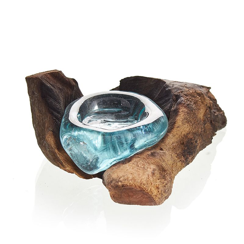 Handmade Molten Glass Candle Holder on Natural Wood – Unique Home Decor UK