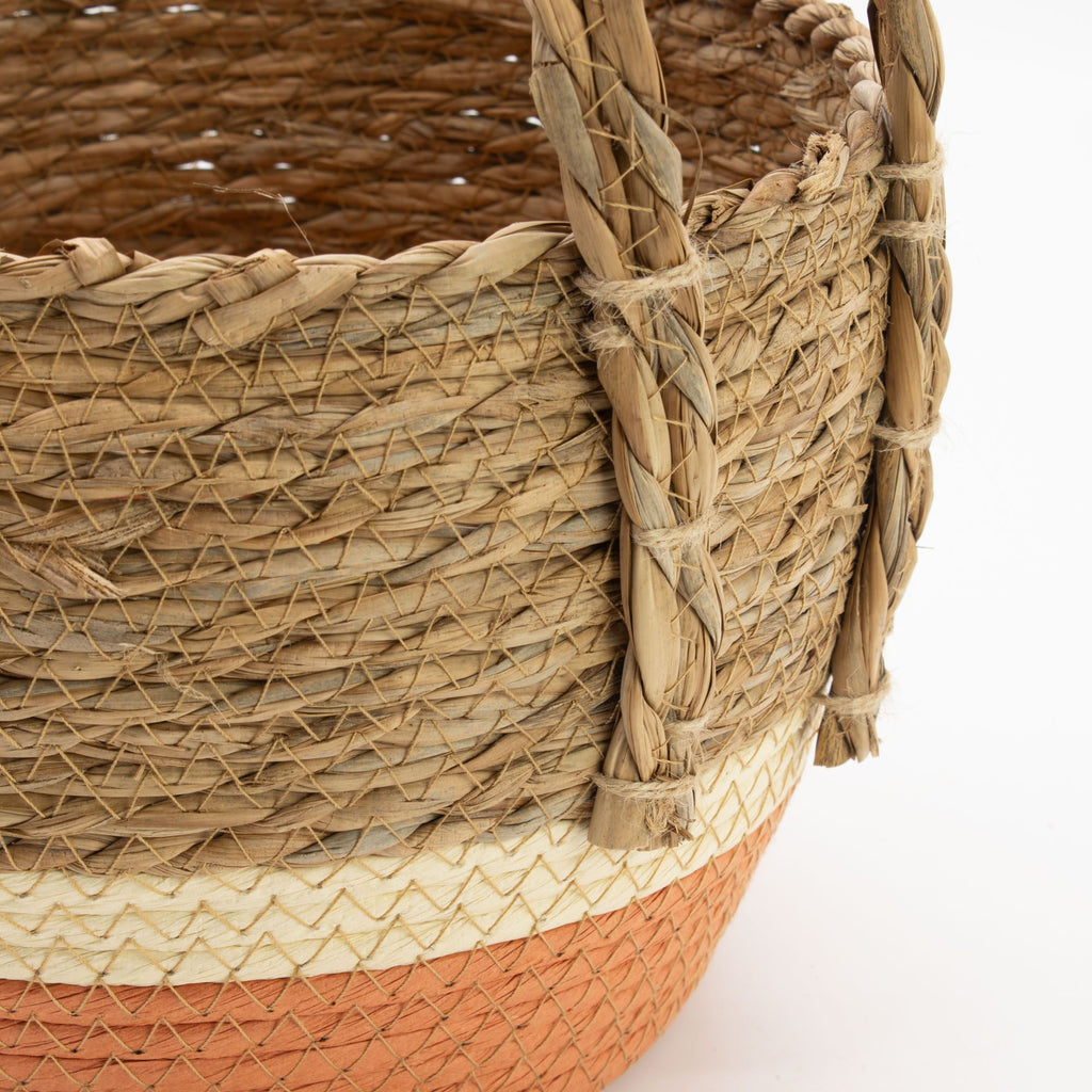 Set of 3 Round Large Straw & Seagrass Baskets – Natural & Orange – Woven Storage Baskets (18-36cm)