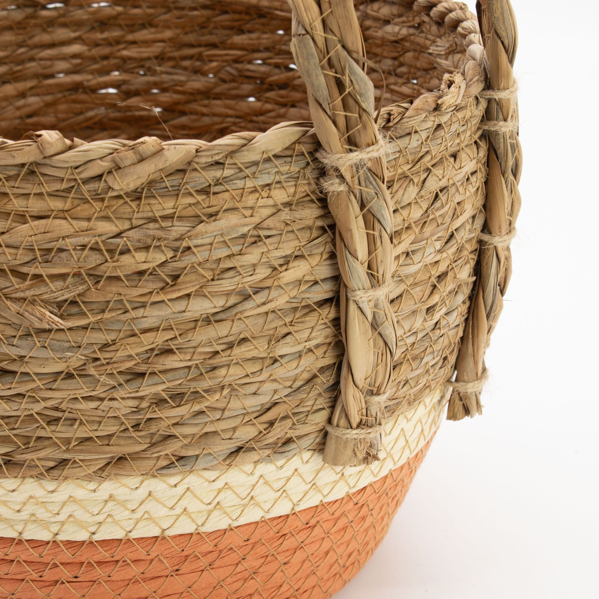 Set of 3 Round Large Straw & Seagrass Baskets – Natural & Orange – Woven Storage Baskets (18-36cm)