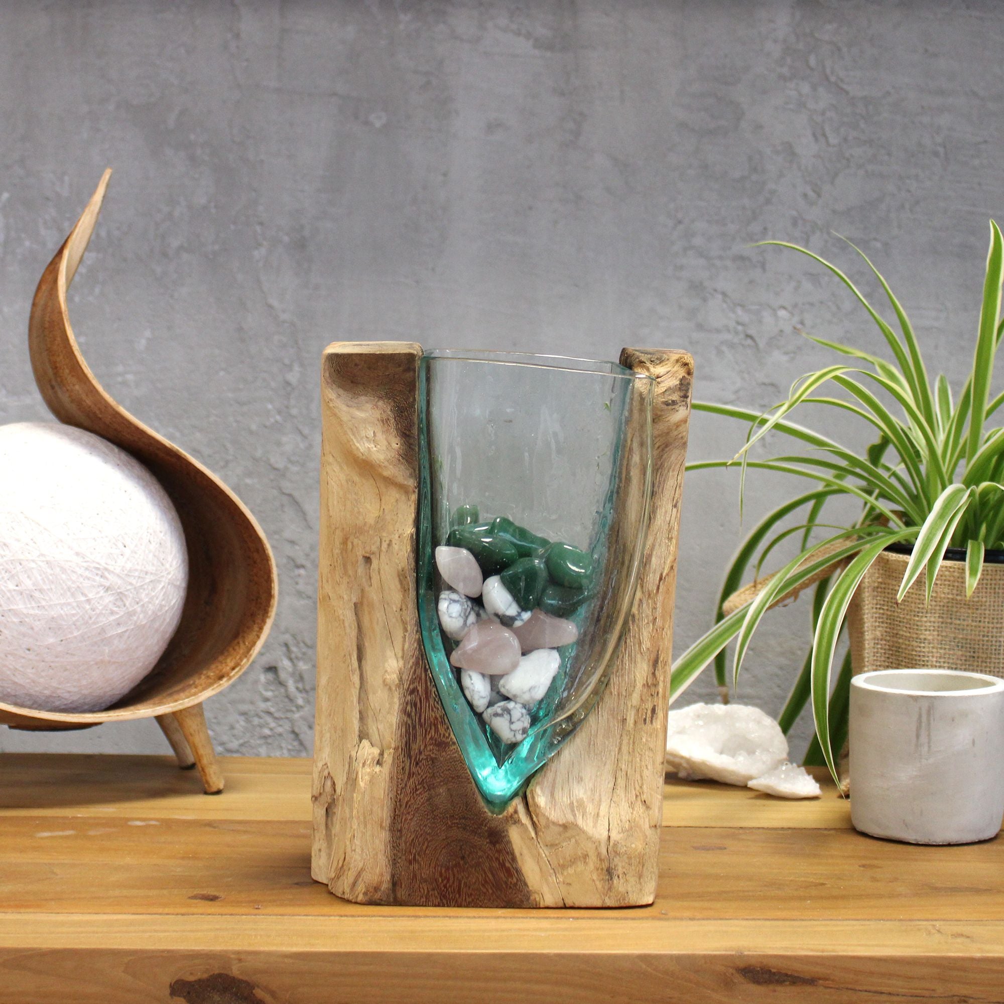 Handmade Molten Glass Vase on Natural Wood – Unique Home Decor UK