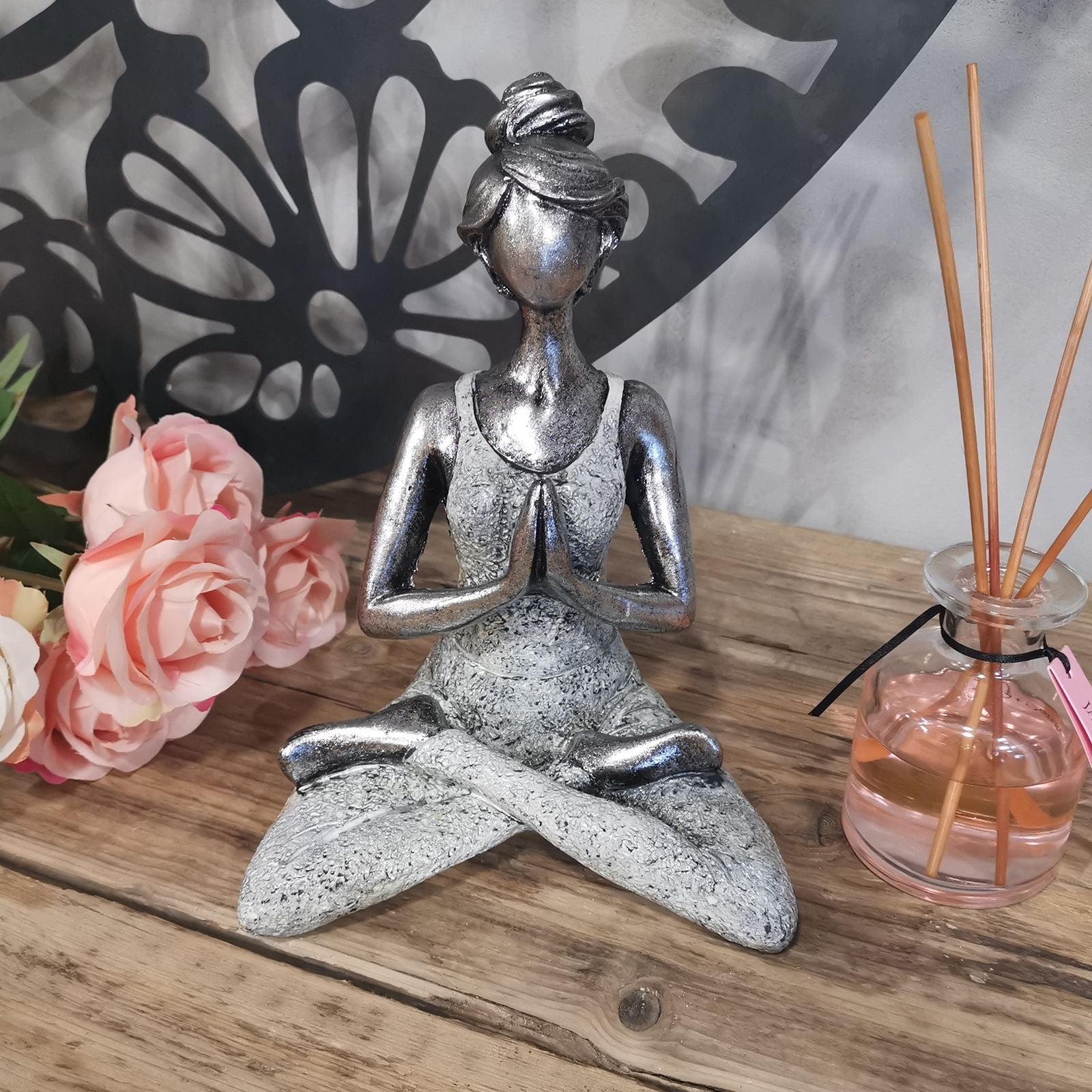 Yoga Lady Figurine 24cm – Silver & White Yoga Pose – Handmade Decorative Resin Ornament