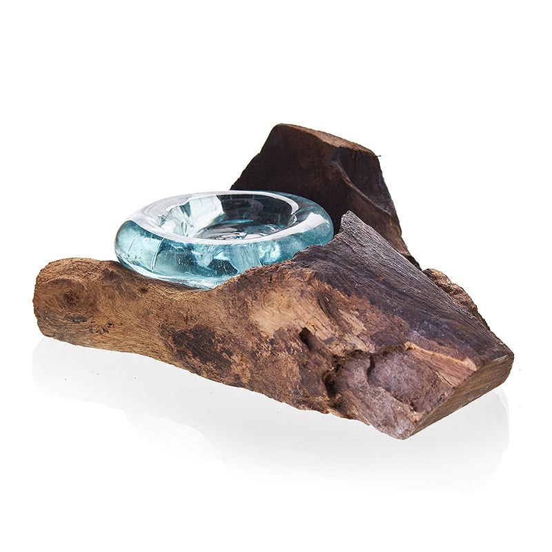 Handmade Molten Glass Candle Holder on Natural Wood – Unique Home Decor UK