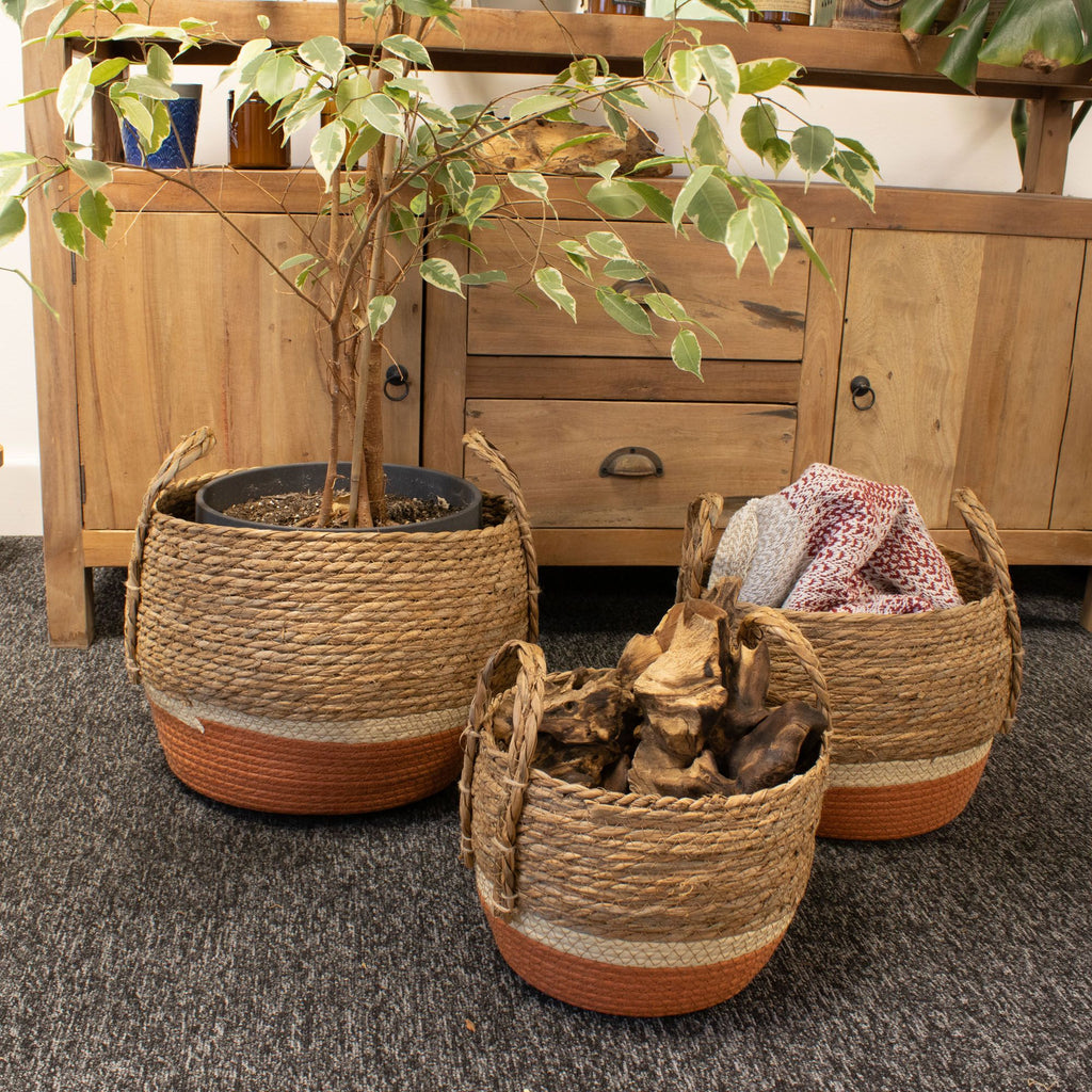 Set of 3 Round Large Straw & Seagrass Baskets – Natural & Orange – Woven Storage Baskets (18-36cm)