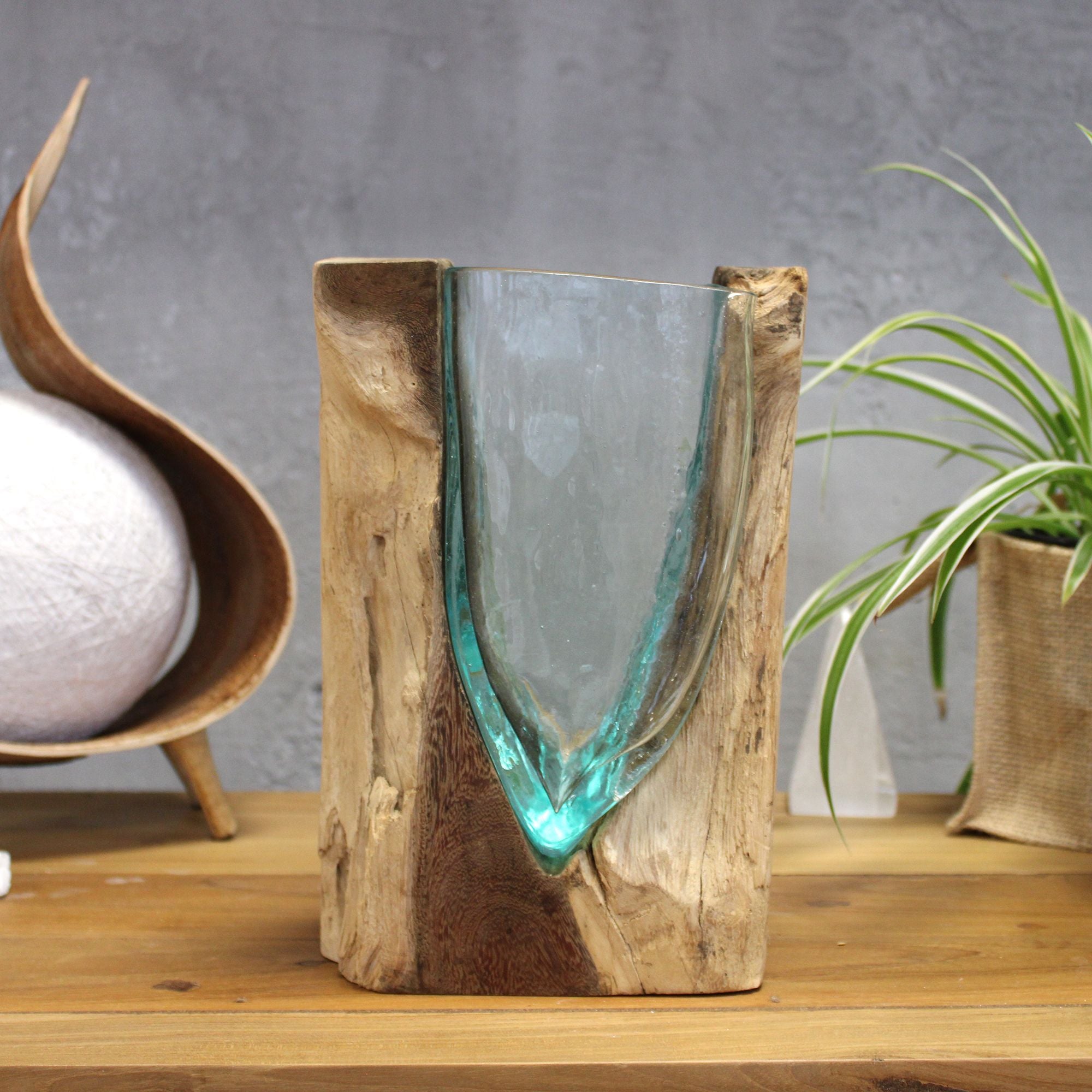 Handmade Molten Glass Vase on Natural Wood – Unique Home Decor UK