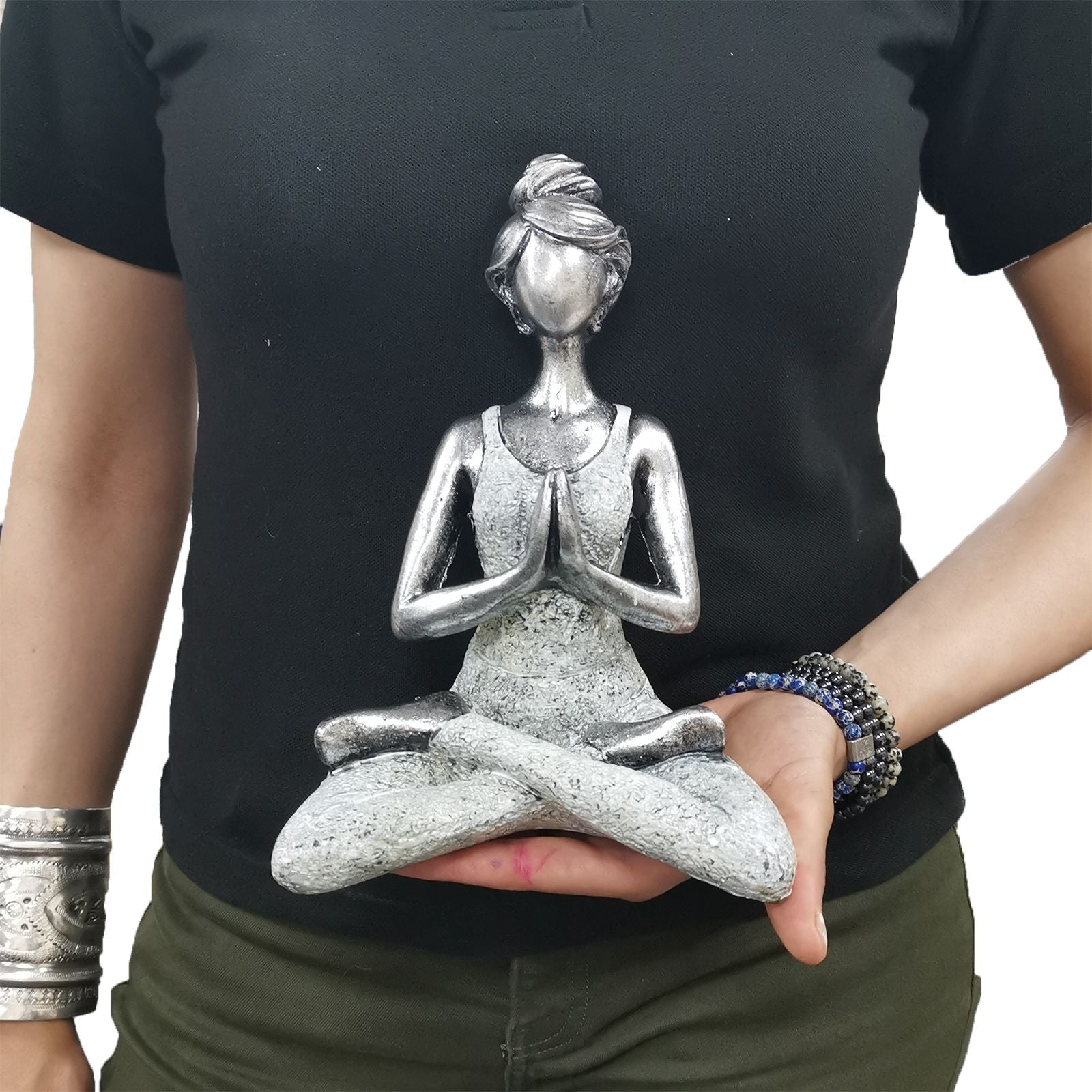 Yoga Lady Figurine 24cm – Silver & White Yoga Pose – Handmade Decorative Resin Ornament