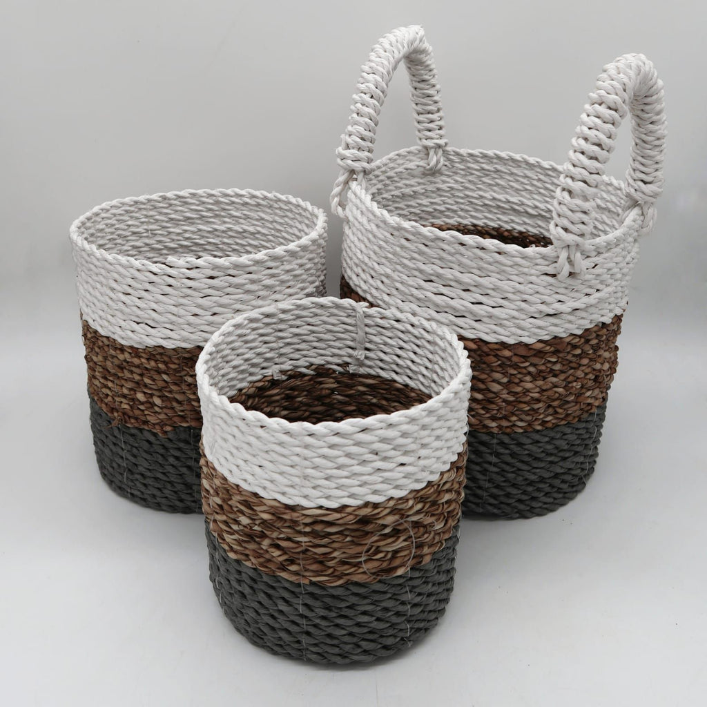 Set of 3 Round Seagrass Baskets – Grey, Natural & White – Woven Storage Baskets