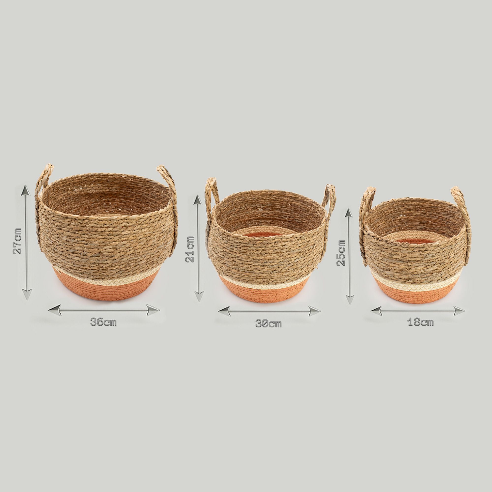 Set of 3 Round Large Straw & Seagrass Baskets – Natural & Orange – Woven Storage Baskets (18-36cm)