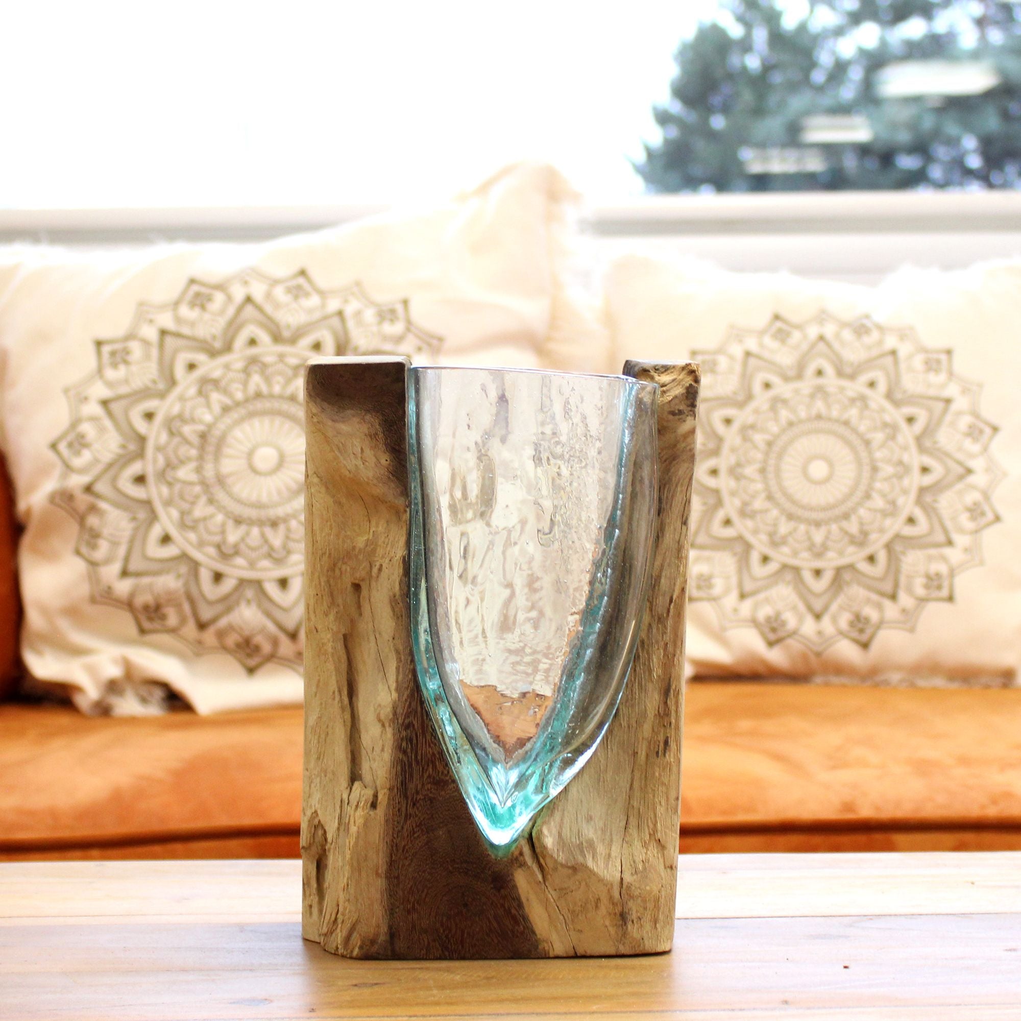 Handmade Molten Glass Vase on Natural Wood – Unique Home Decor UK