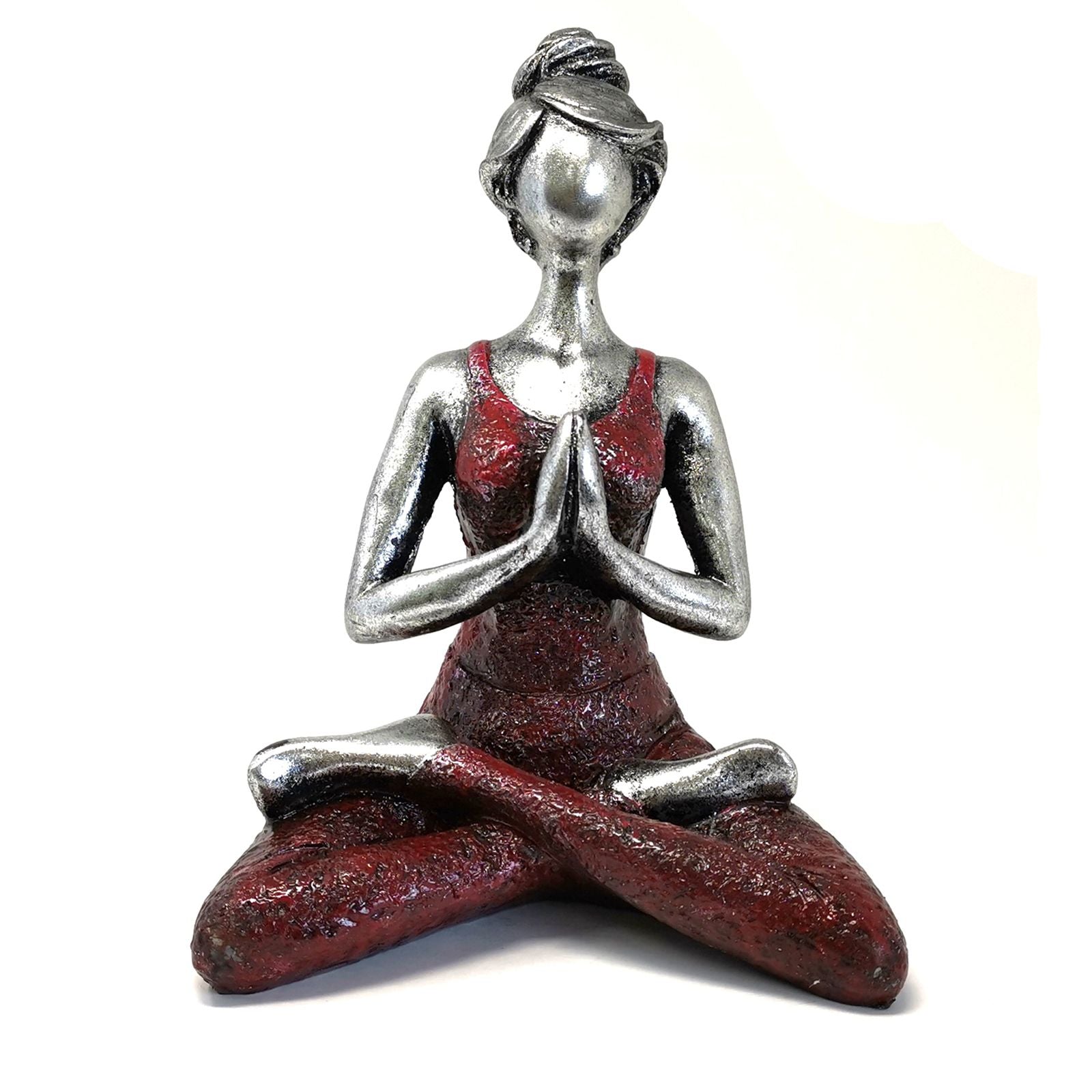 Yoga Lady Figurine 24cm – Silver & Bordeaux Yoga Pose – Handmade Decorative Resin Ornament