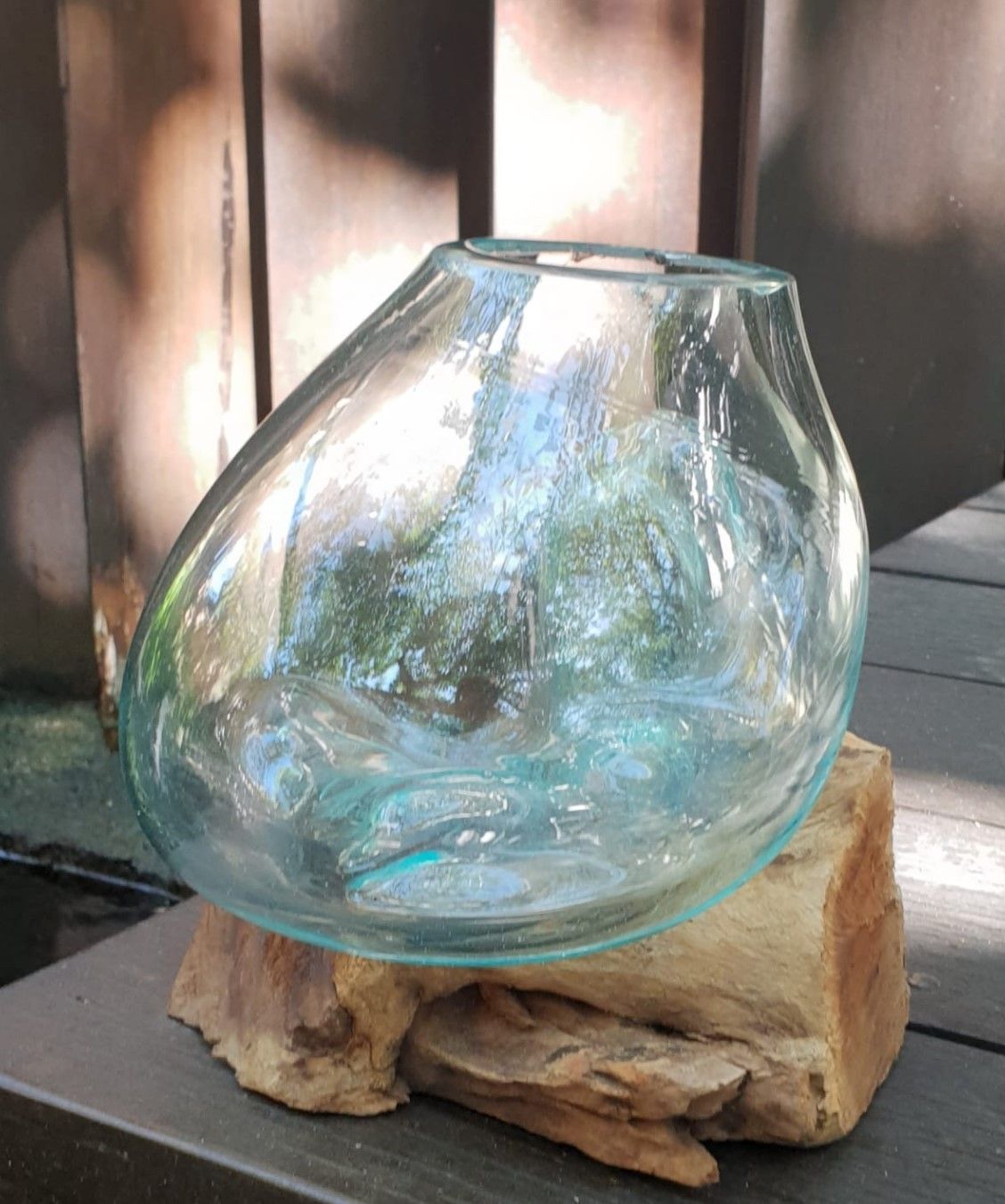 Handmade Molten Glass Bowl on Natural Wood – Unique Home Decor UK