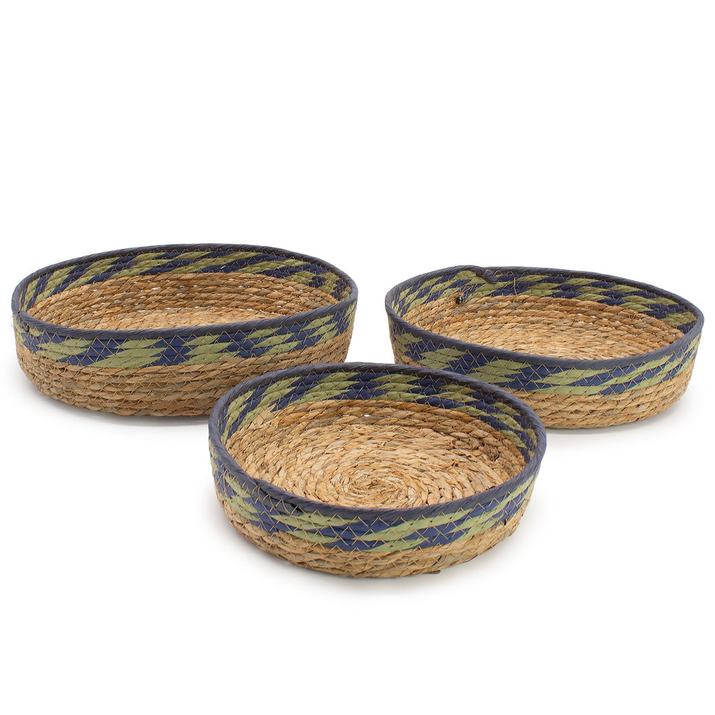 Set of 3 Round Straw & Seagrass Tray Baskets – Natural, Green & Blue – Woven Storage Trays (24-34cm)