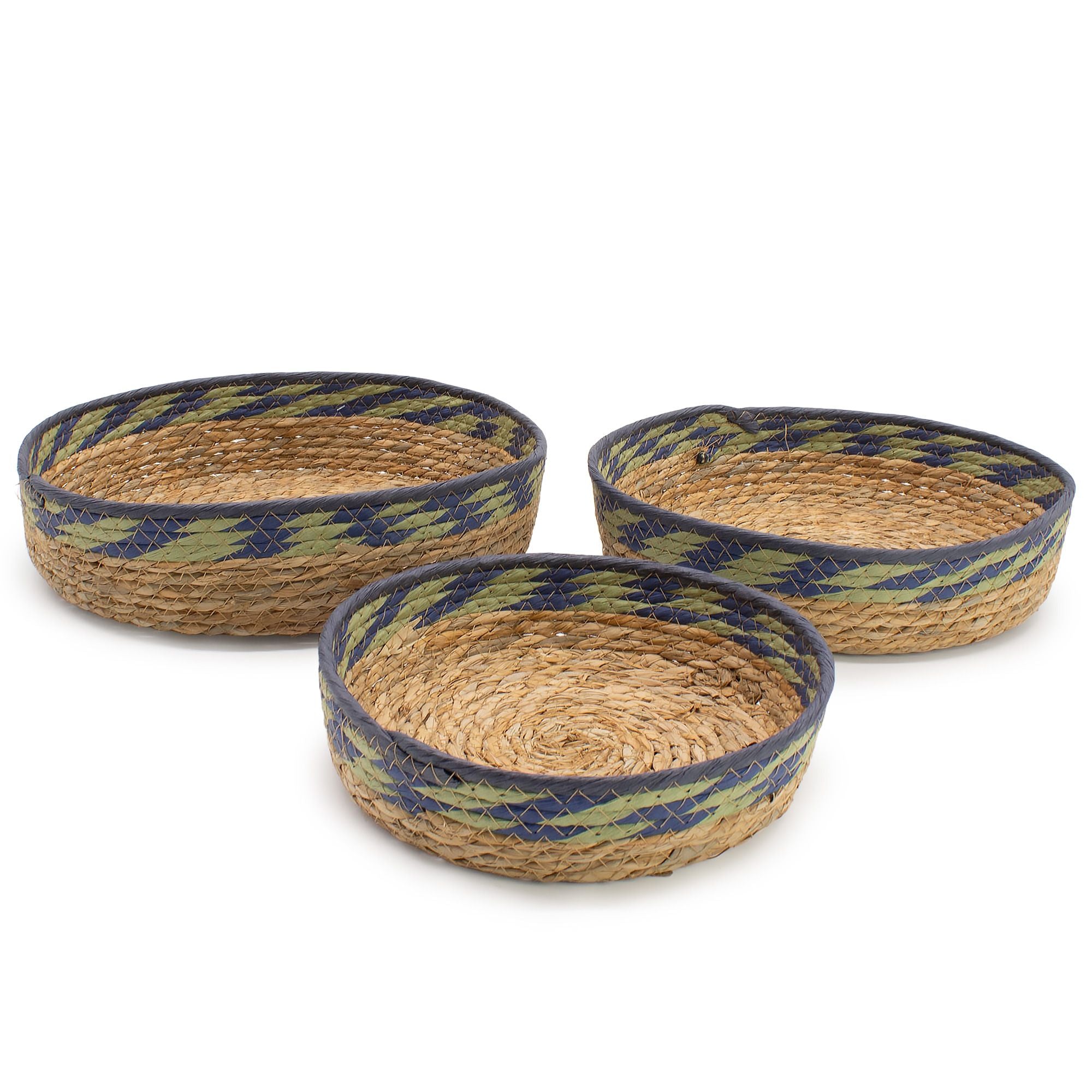 Set of 3 Round Straw & Seagrass Tray Baskets – Natural, Green & Blue – Woven Storage Trays (24-34cm)