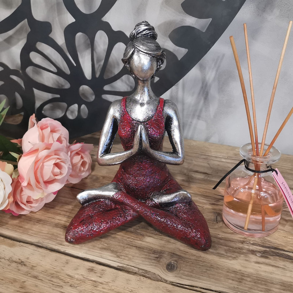 Yoga Lady Figurine 24cm – Silver & Bordeaux Yoga Pose – Handmade Decorative Resin Ornament