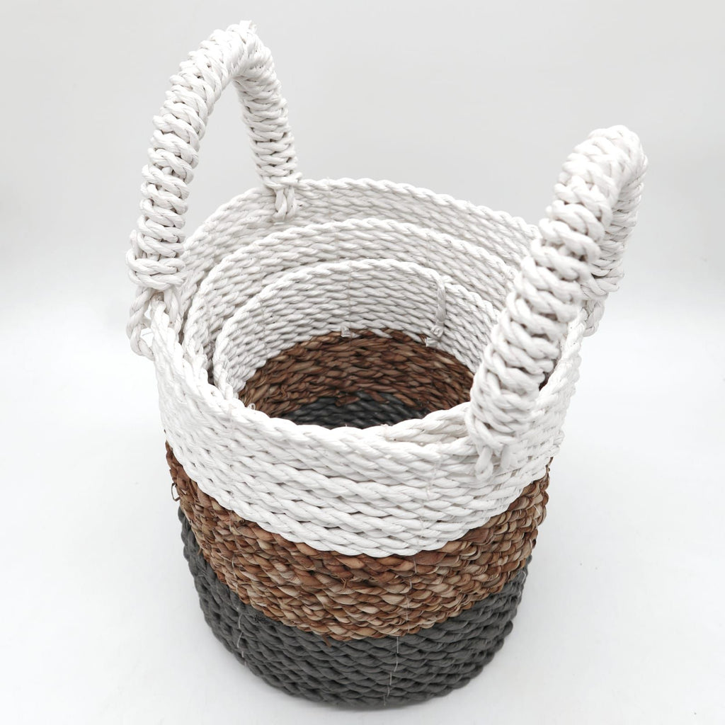 Set of 3 Round Seagrass Baskets – Grey, Natural & White – Woven Storage Baskets