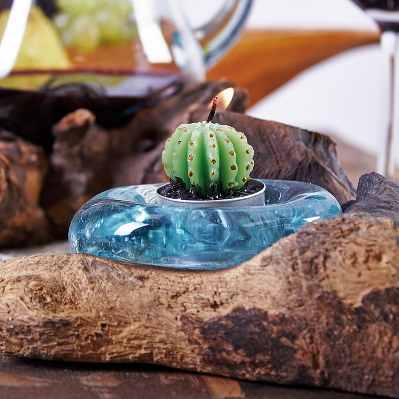 Handmade Molten Glass Candle Holder on Natural Wood – Unique Home Decor UK